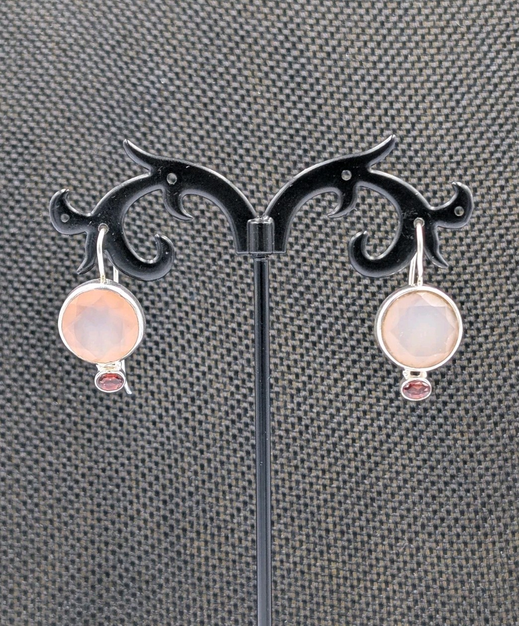 ISJ Vtg Sterling Silver Round Rose Quartz & Oval Garnet Hook Dangle 925 Earrings