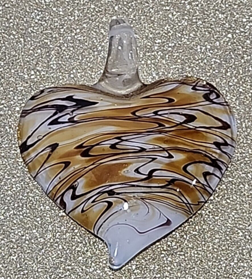 Hand Blown Brown/White Art Glass Heart Pendant Only no chain