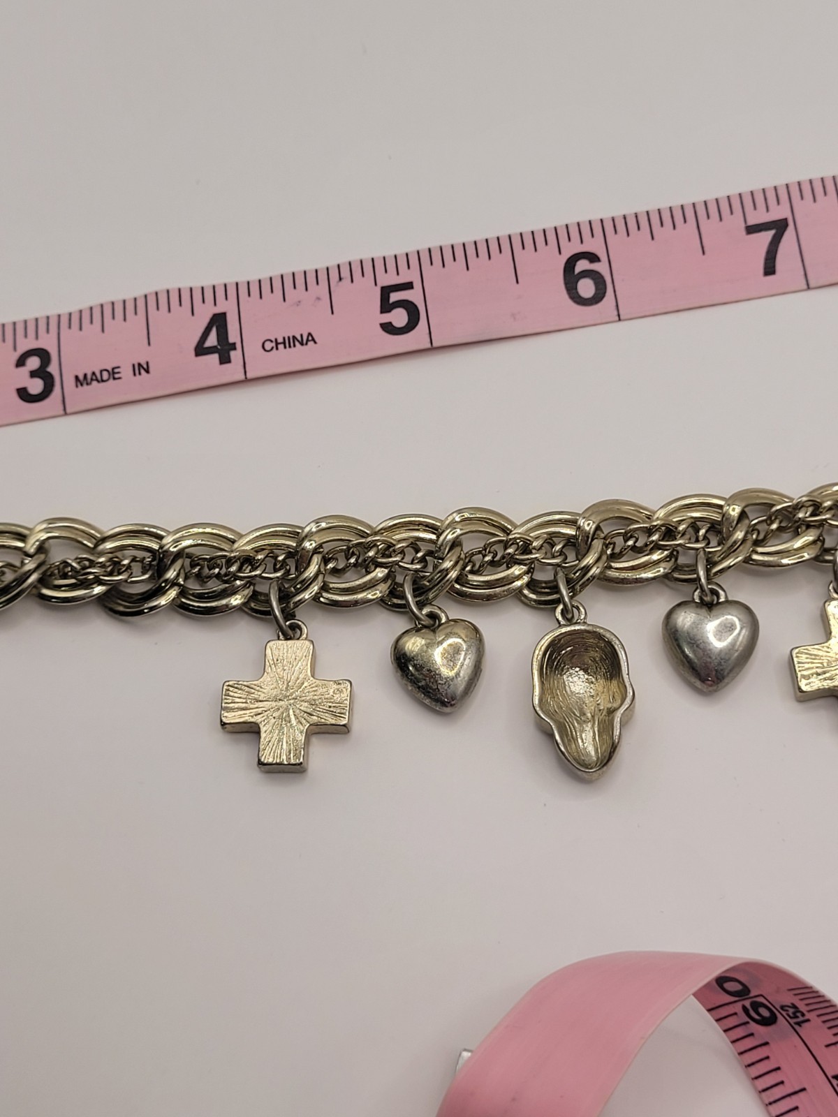 Punk Retro Gwen Skulls Hearts Crosses Charm Necklace Gold Tone Crystals 18″