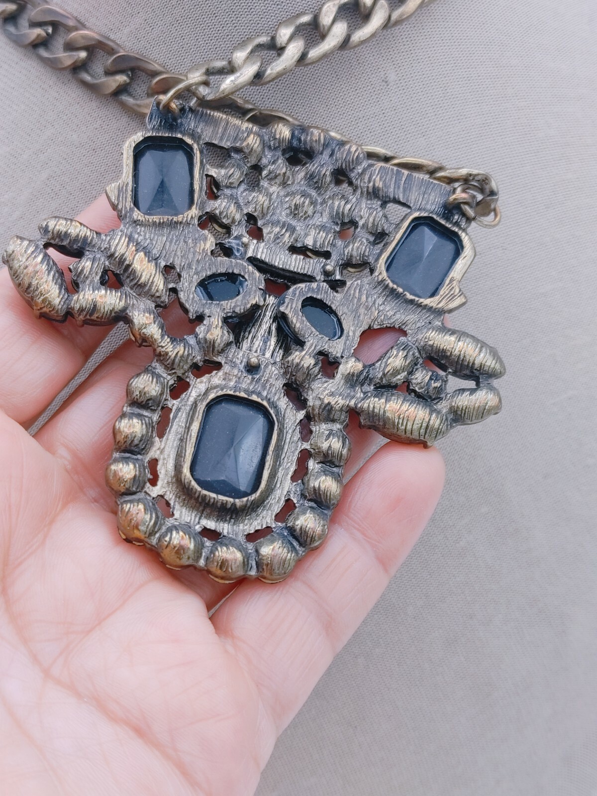 Vintage Statement Black Brown Gray Tone Necklace