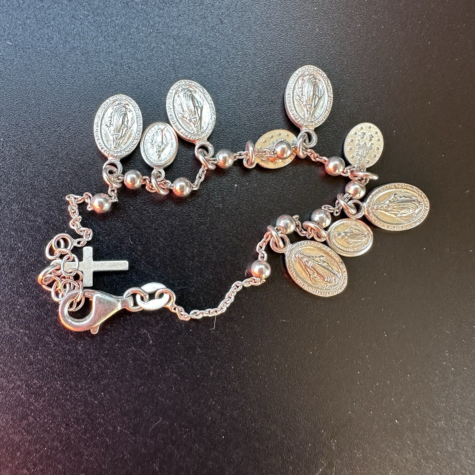 LOVELY ESTATE STERLING SILVER SAINT REGINA DANGLE DESIGN RELIGIOUS BRACELET 7”