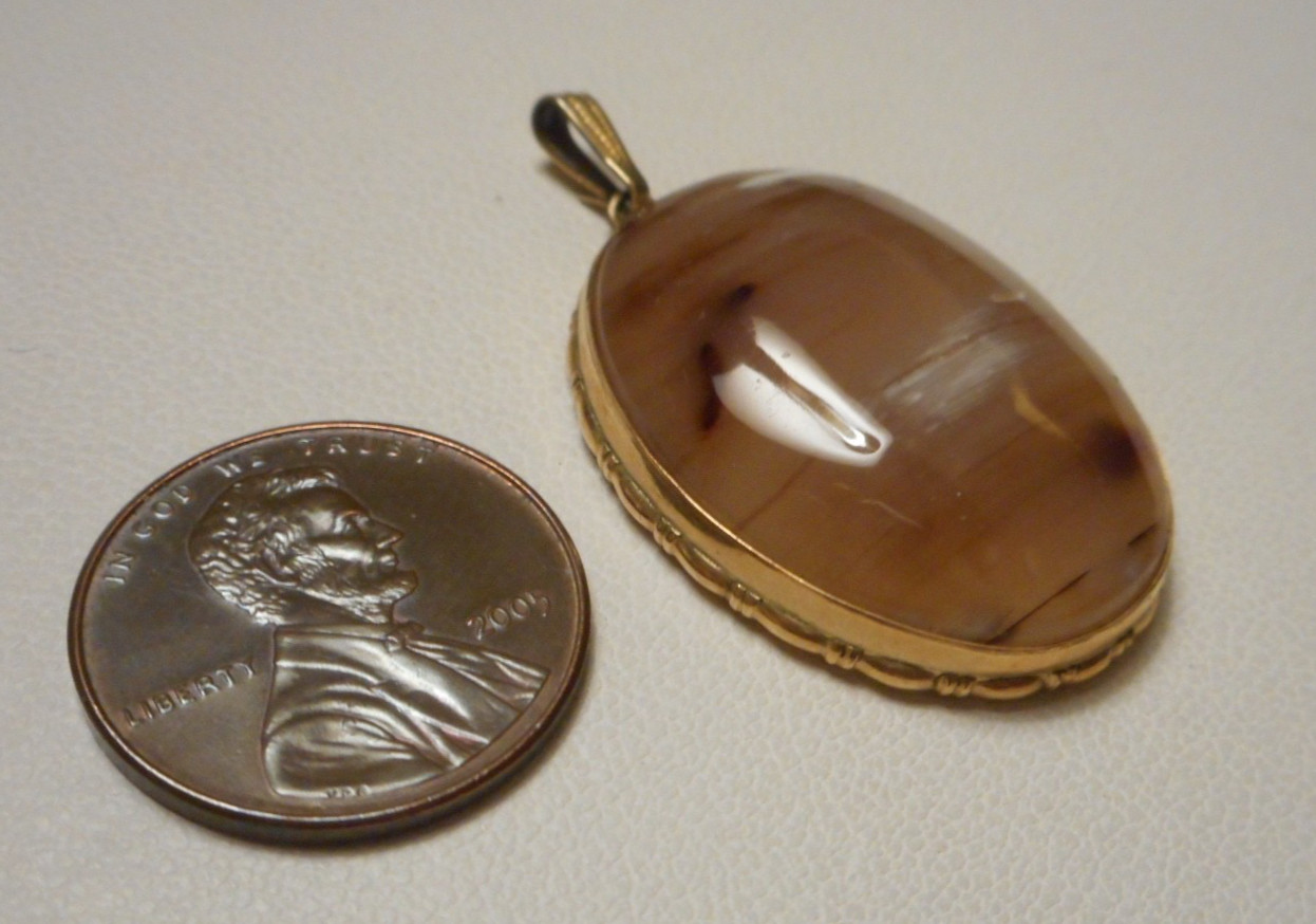 Vintage Gold-Filled Oval Pendant w Mottled Tan White Brown Agate Cabochon