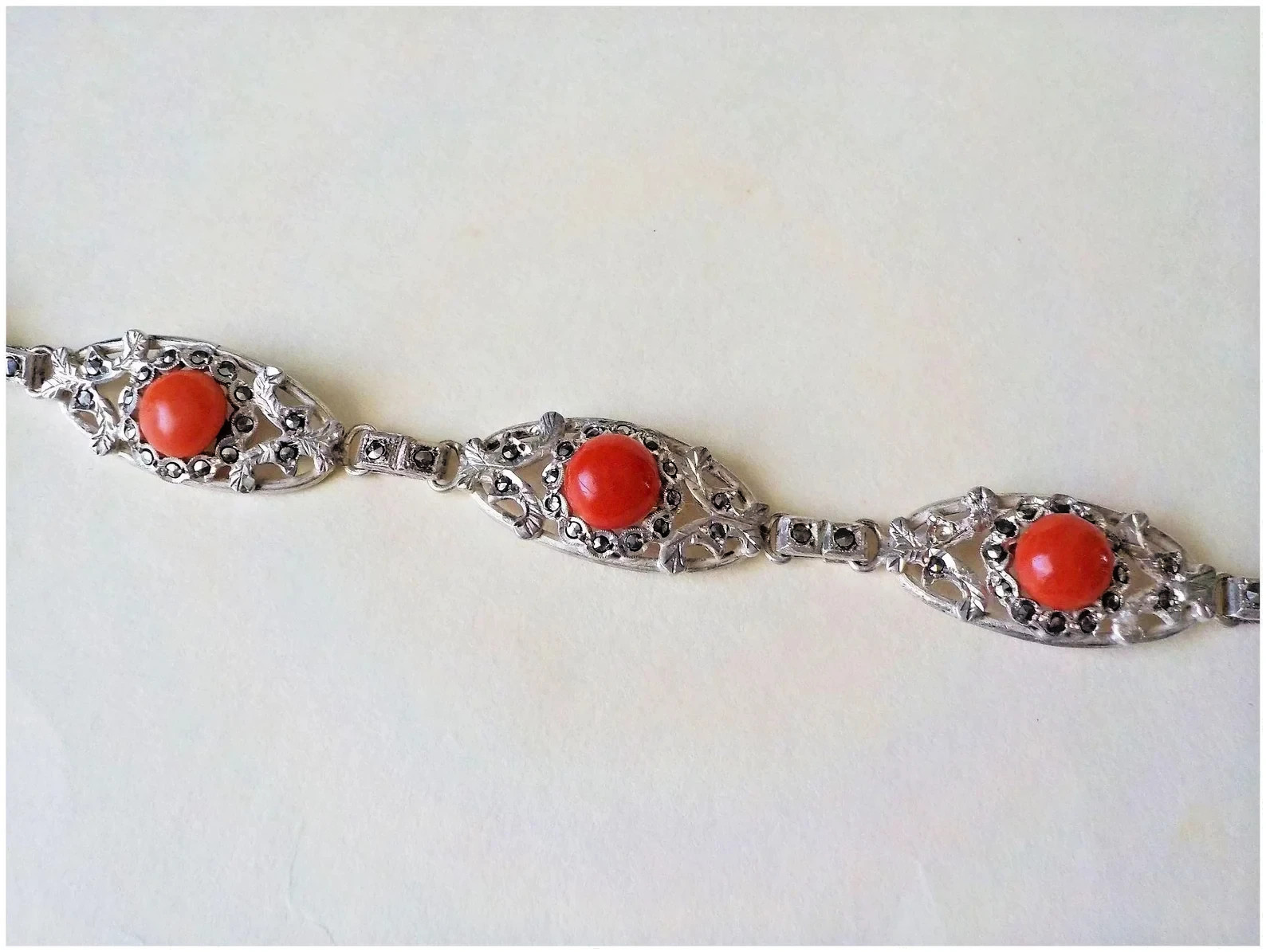 Vintage European Ox Blood Red Coral Marcasite 800 Silver Bracelet