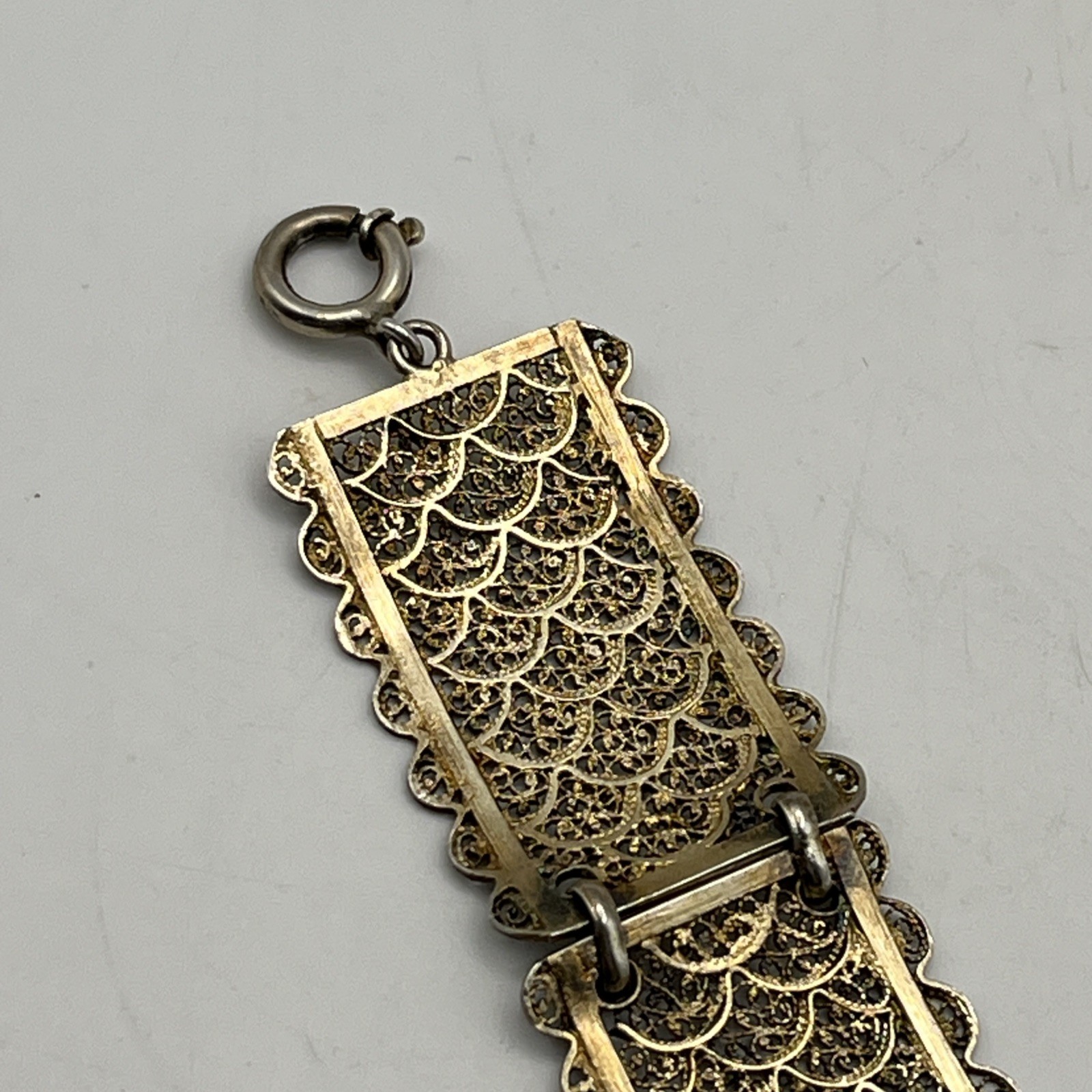 Vintage Sterling Silver Vermeil Filigree Panel Bracelet 19.2g Gold Wash 7″