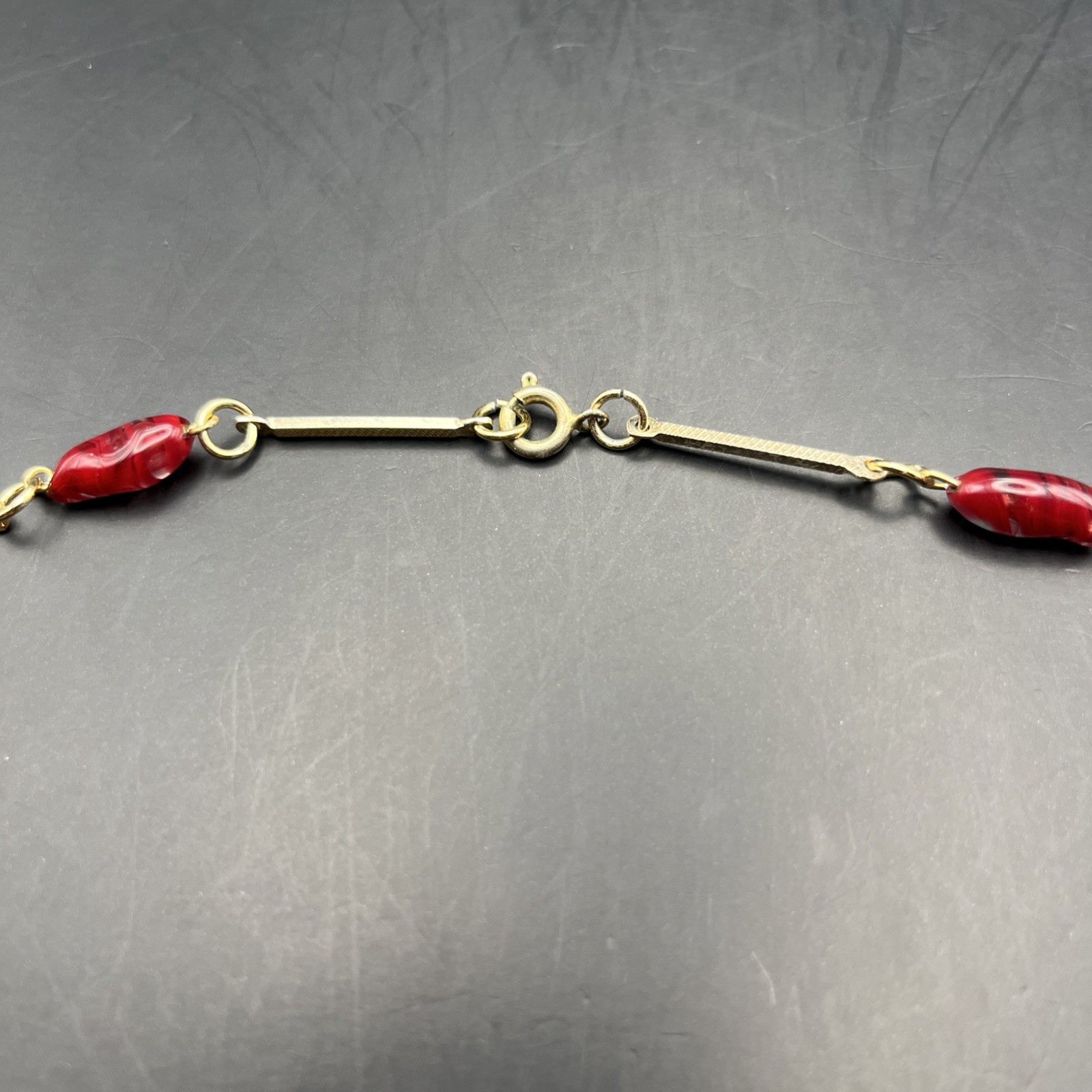Long Art Glass Station Necklace Bar Link Red Gold Tone 26 Inch Classic Vintage