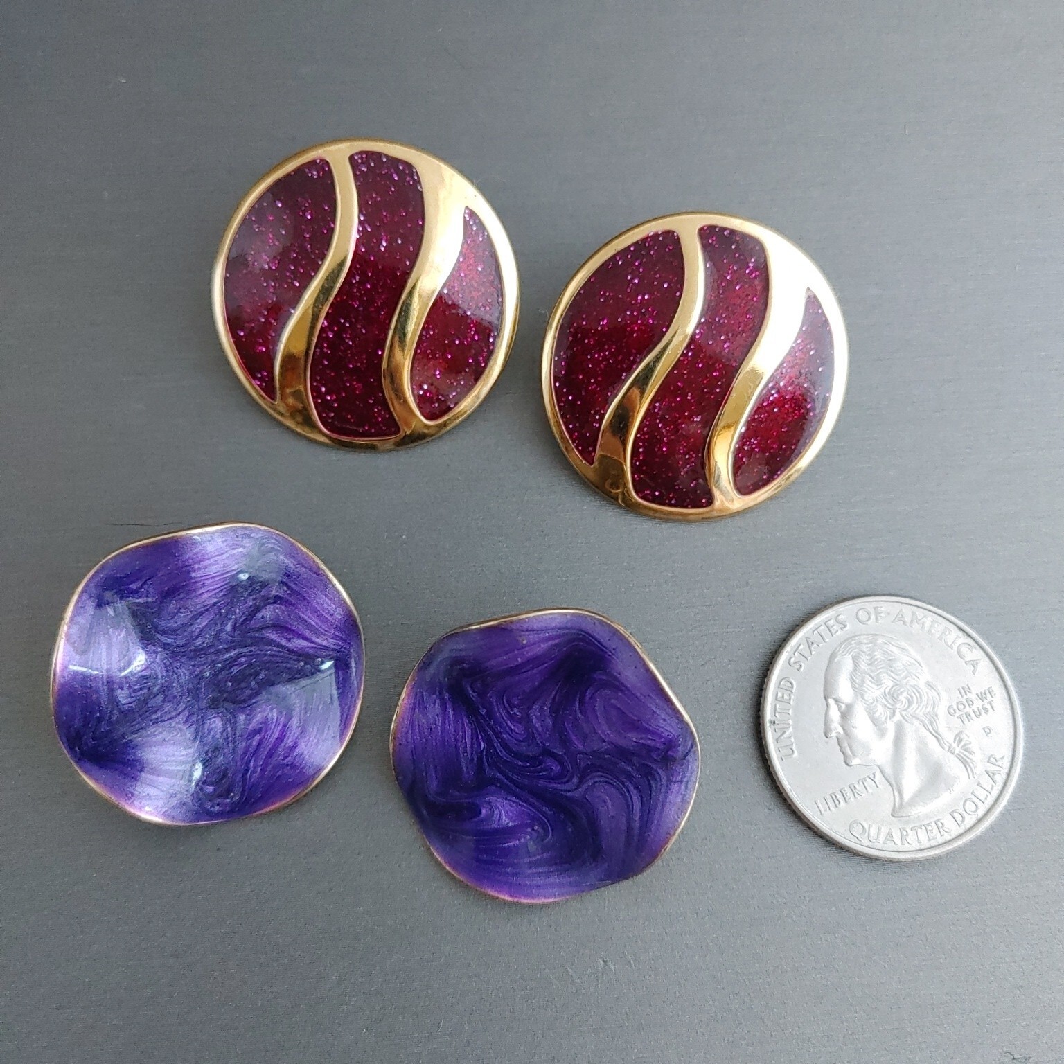 Lot 2 Vintage AVON Earrings Pierced Fuchsia Red Sparkle Purple Swirl Gold Tone