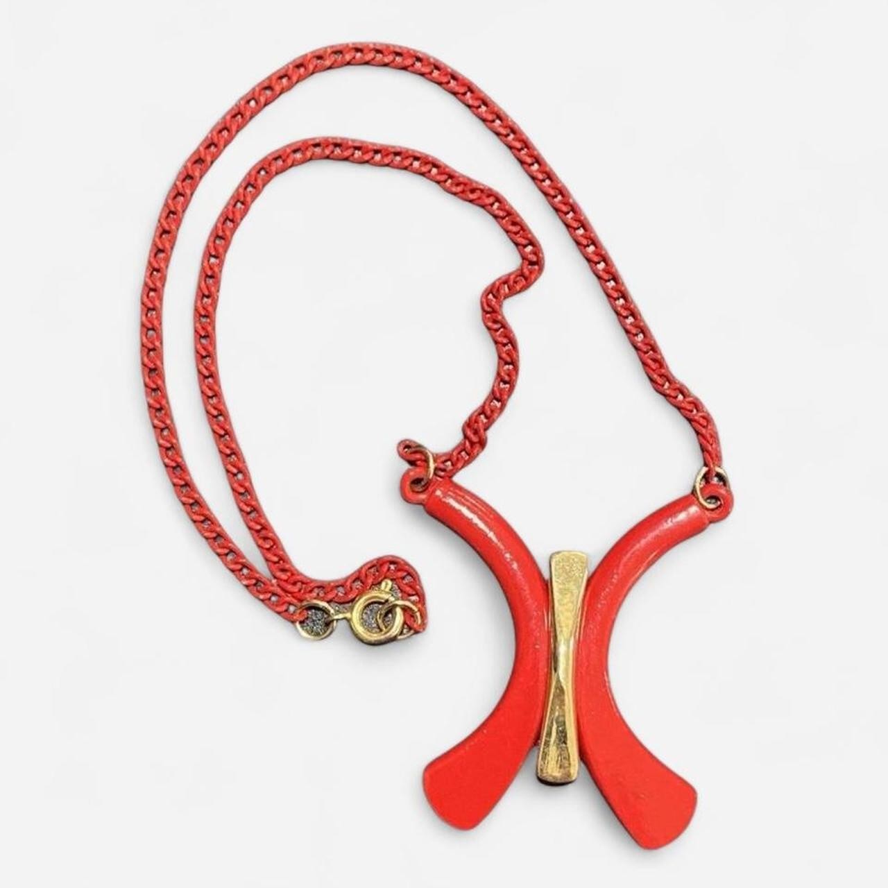 Vintage Necklace Red Enamel Goldtone 60s or 80s 15.5″ Long