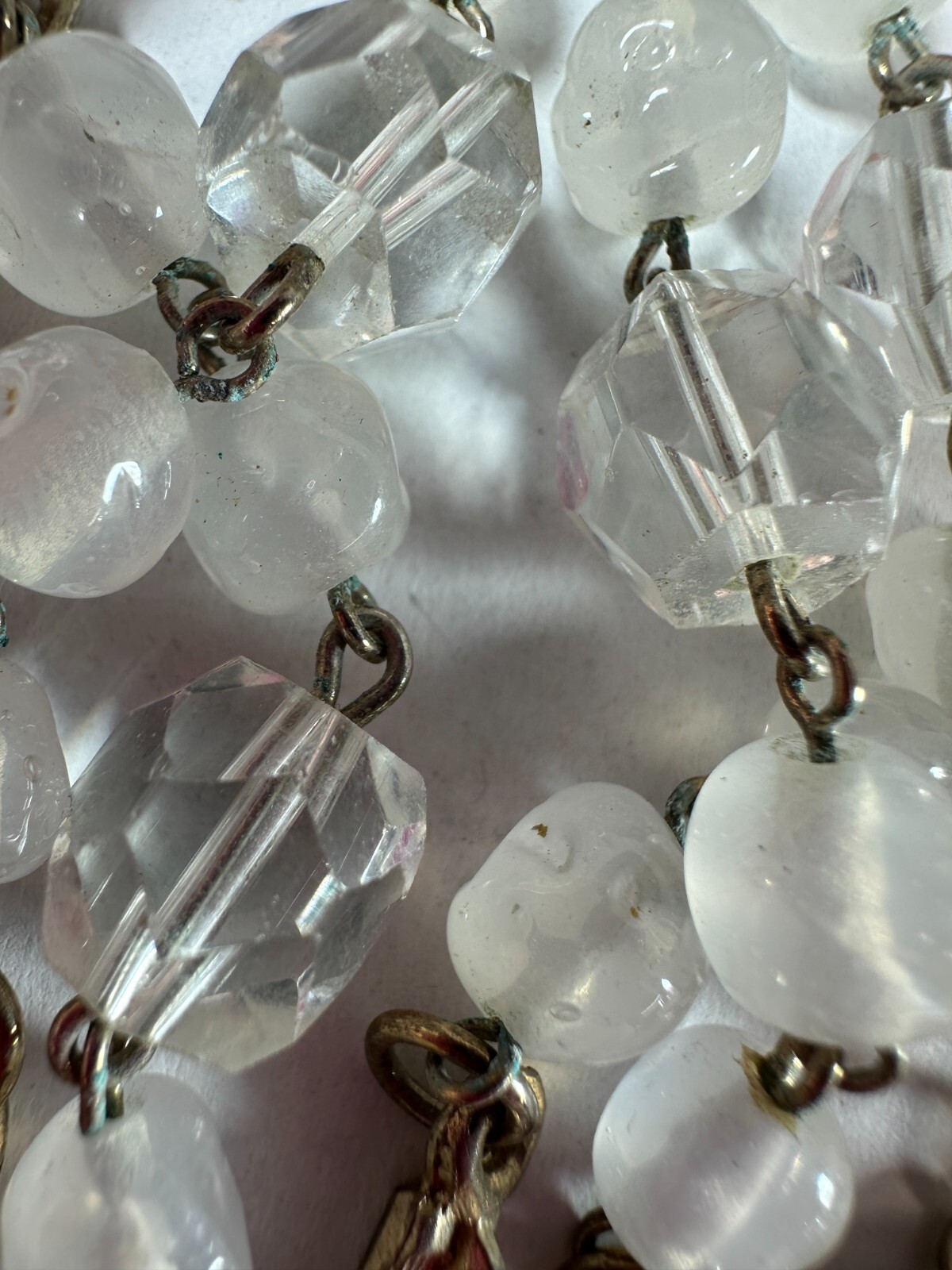 Vintage Necklace Glass Bead Station Bar Link Clear Milky Heavy Some Wear