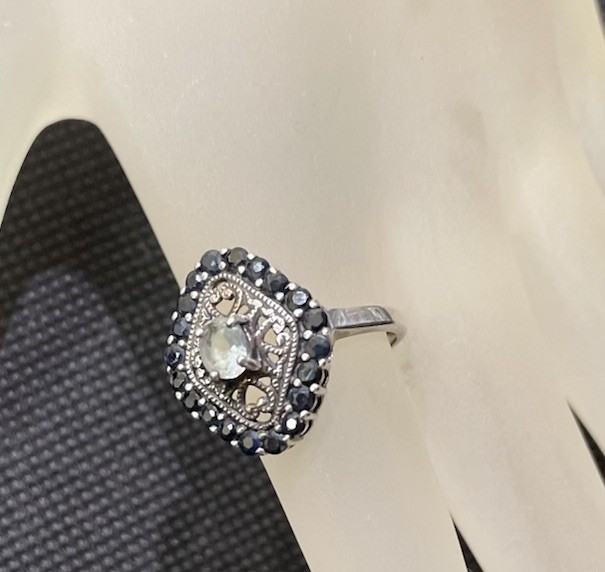Vintage Sterling Aquamarine And Blue Sapphire Ring Diamond Shape Size 7