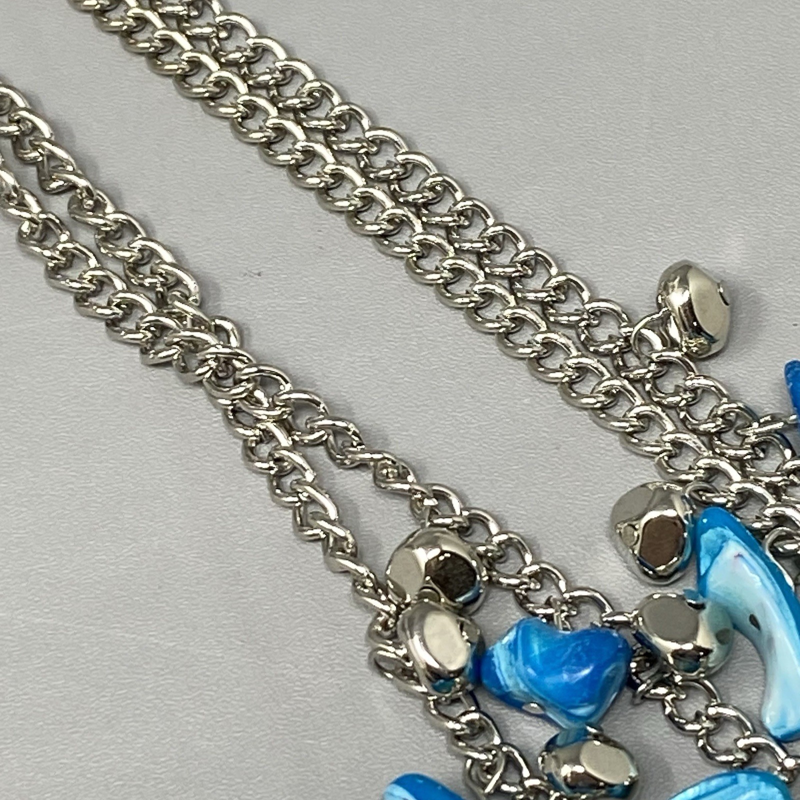 Mother of Pearl Necklace Blue Dyed Fringe Nuggets Silver Tone Layered Shell 16″
