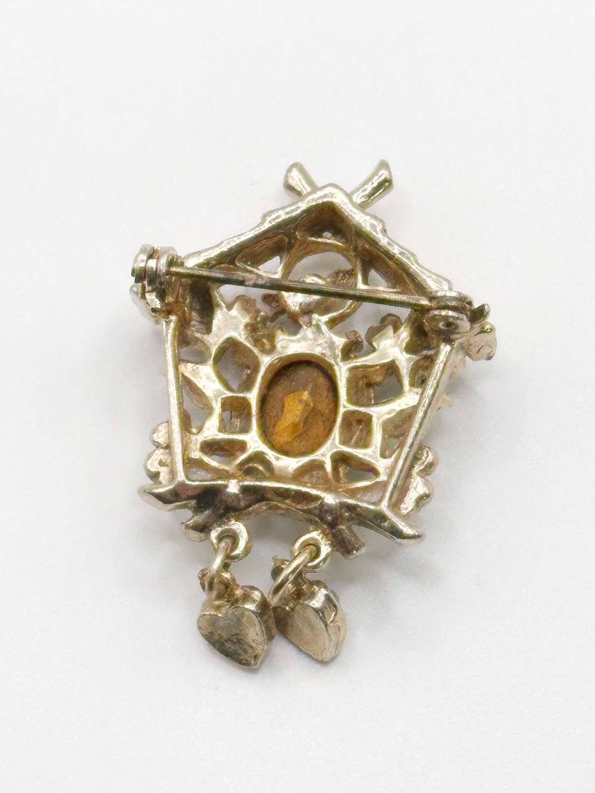 Vintage Unsigned CORO Cuckoo Clock Pin Green Glass Pastel Rhinestones