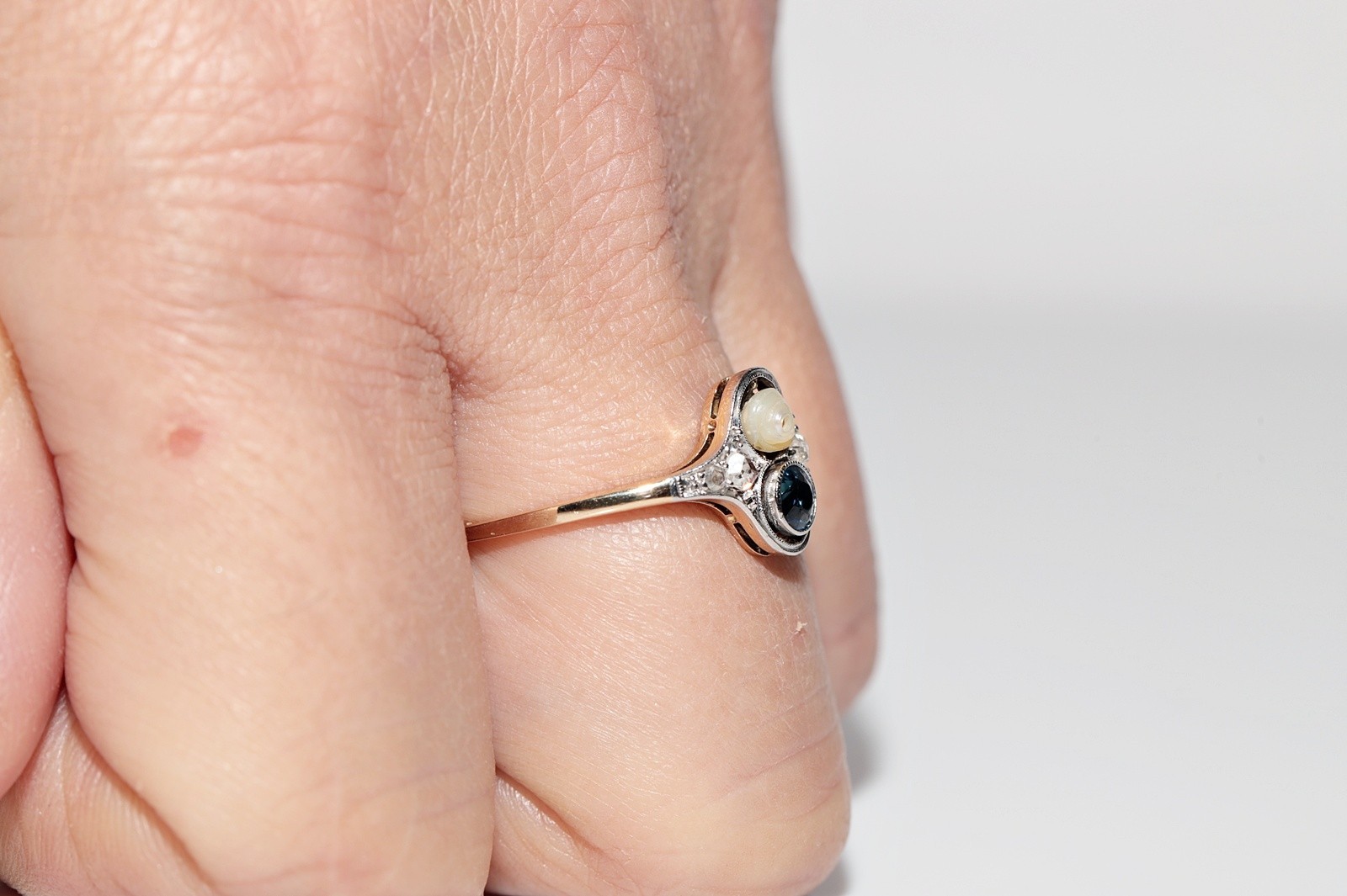 Antique Circa 1920s 14k Gold Natural Rose Cut Diamond And Sapphire Pearl Ring