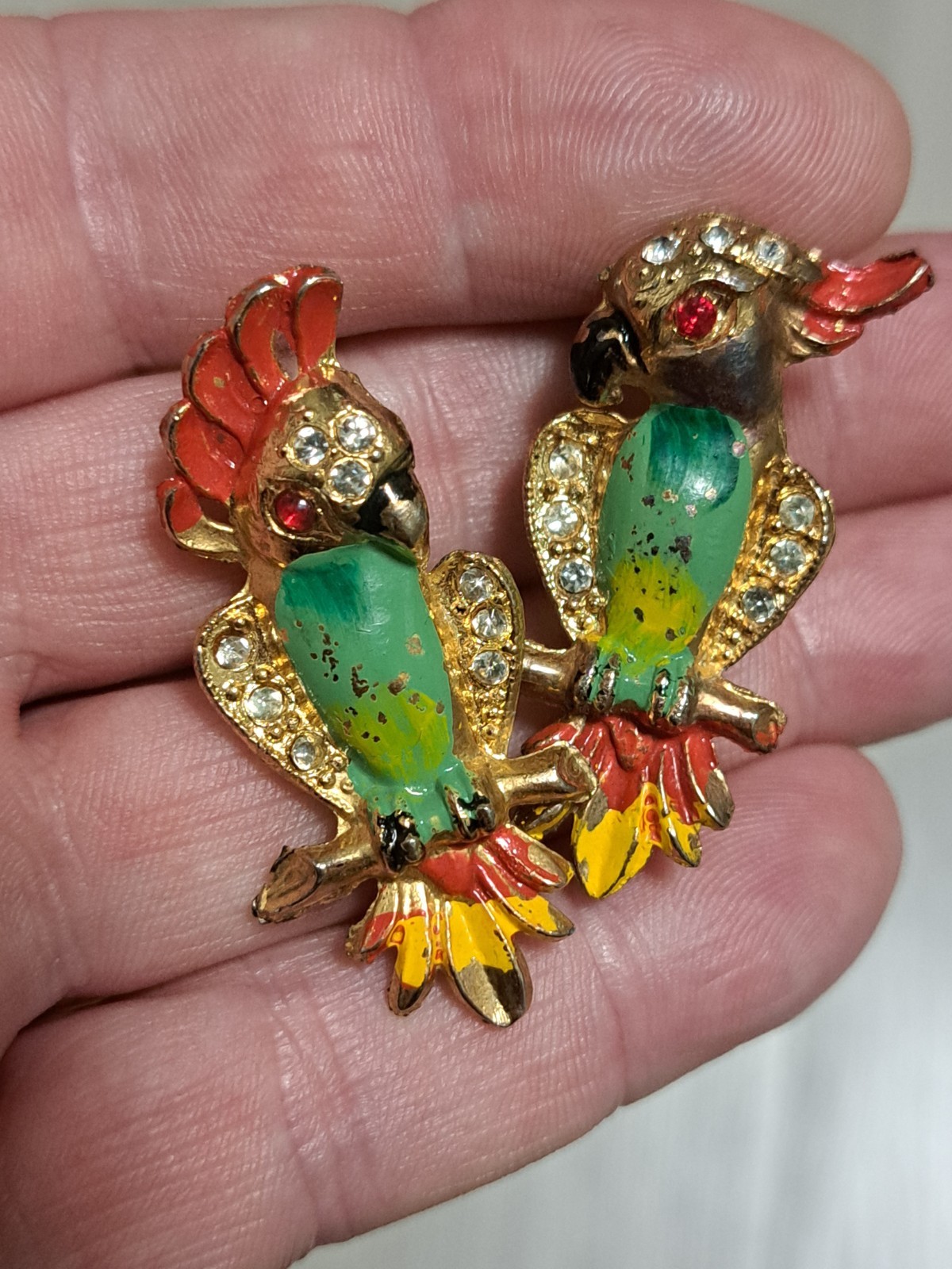 Vintage Rhinestone And Goldtones Pair Of Parrot Brooches