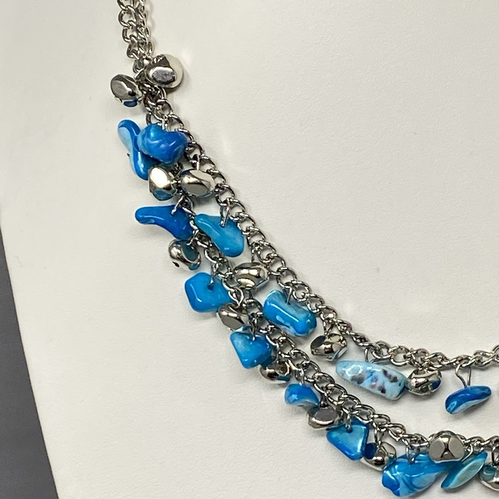 Mother of Pearl Necklace Blue Dyed Fringe Nuggets Silver Tone Layered Shell 16″