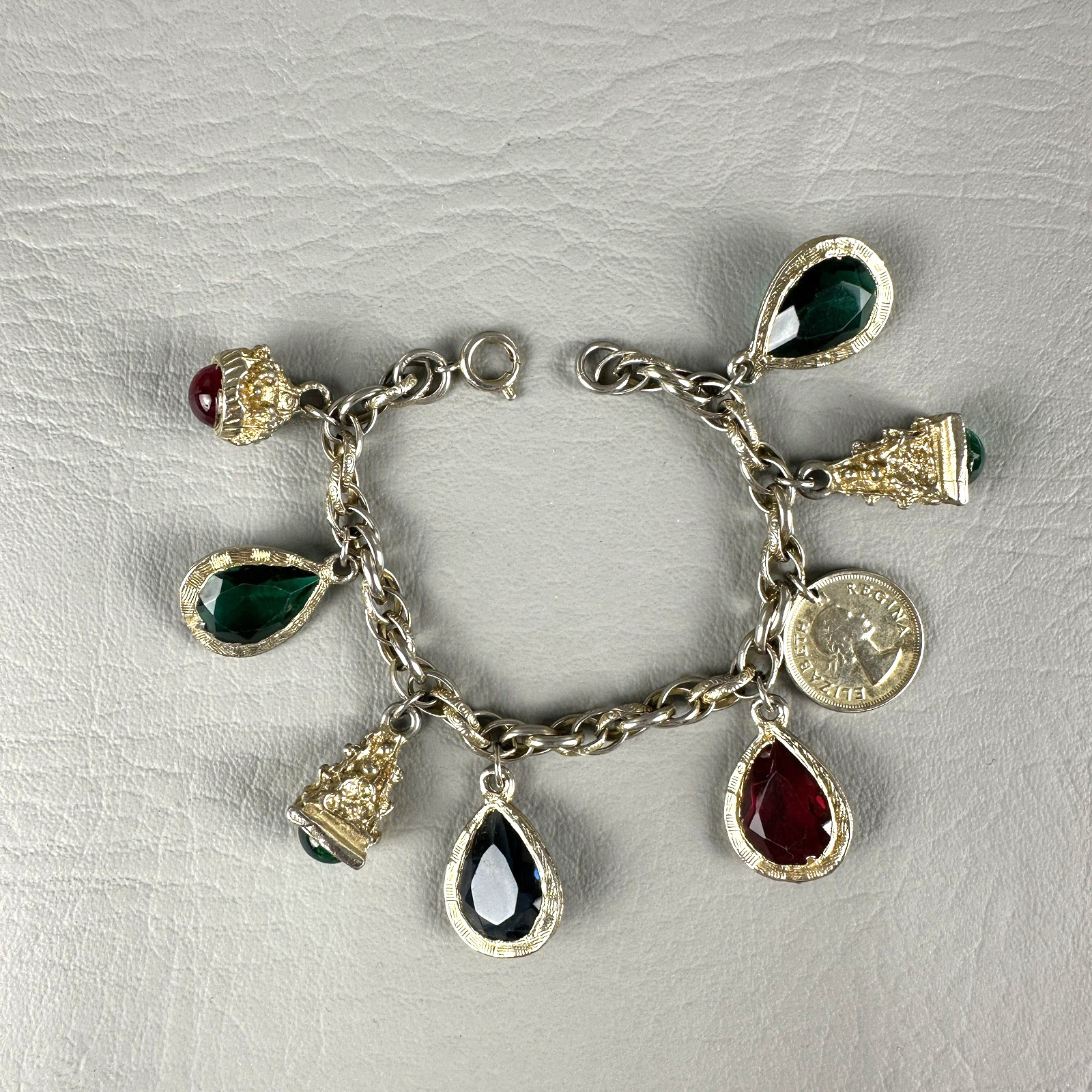 Vintage Charm Bracelet Gold Tone Glass Charms South Africa Coin 6.5″