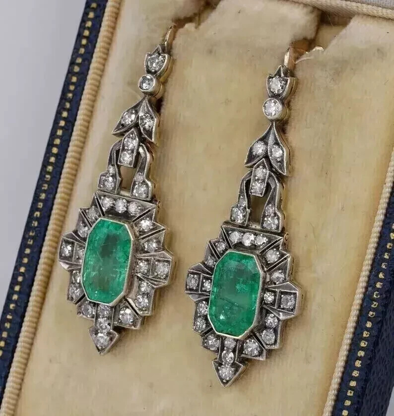 Art Deco Vintage Wedding Earrings 2.7 Ct Simulated Emerald 14K White Gold Over