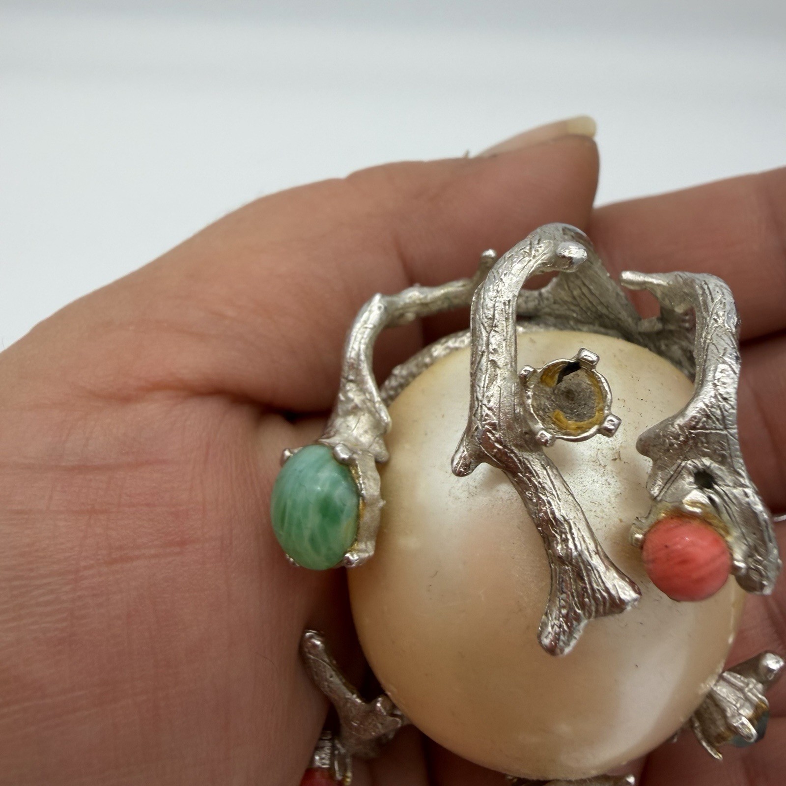 Vtg Huge Faux Pearl Pin Brooch Green Coral Cabochon Branches Rare Estate Read