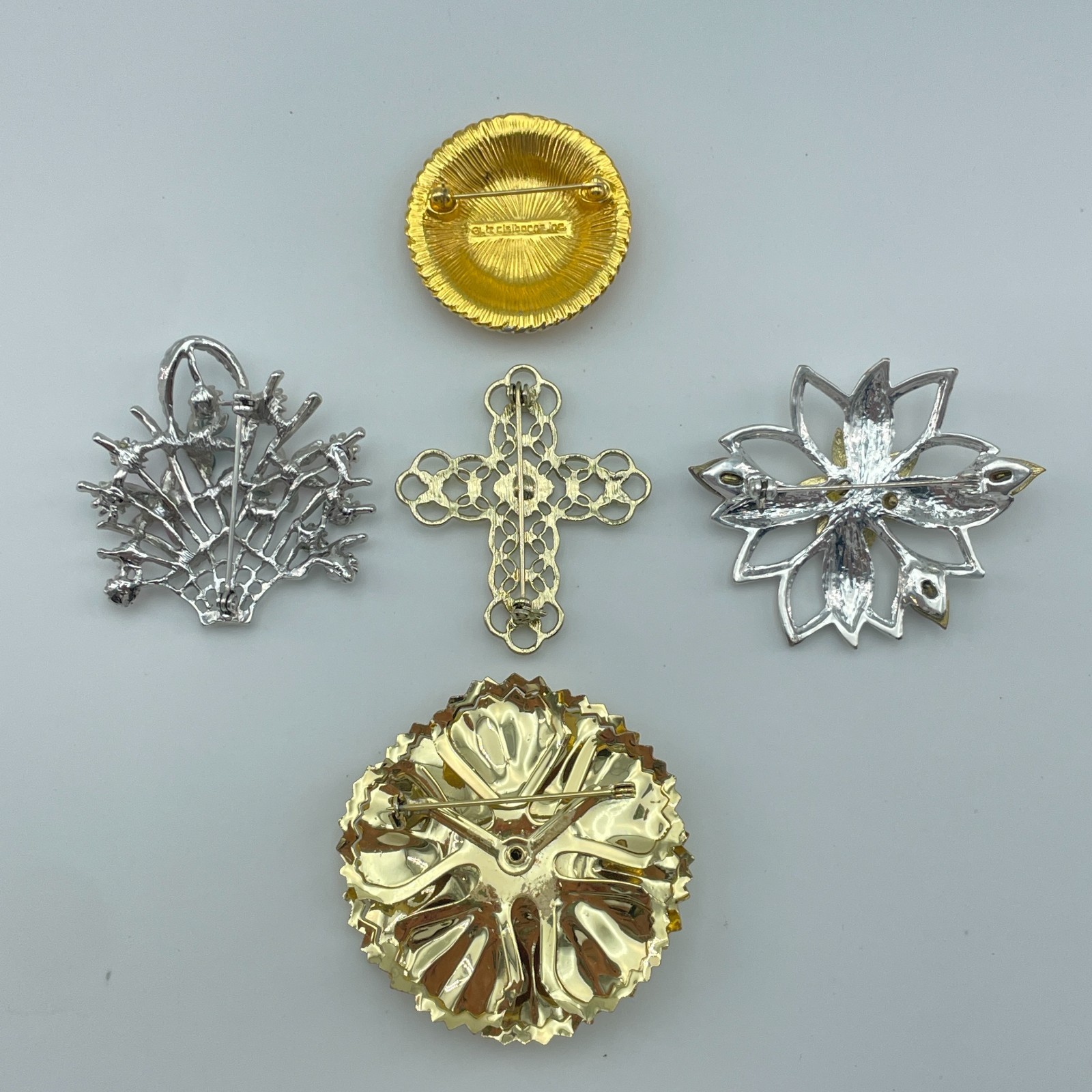 LIZ CLAIBORNE Brooch Pin Lot Rhinestone Cross Flower Gold Silver 1.5x2in