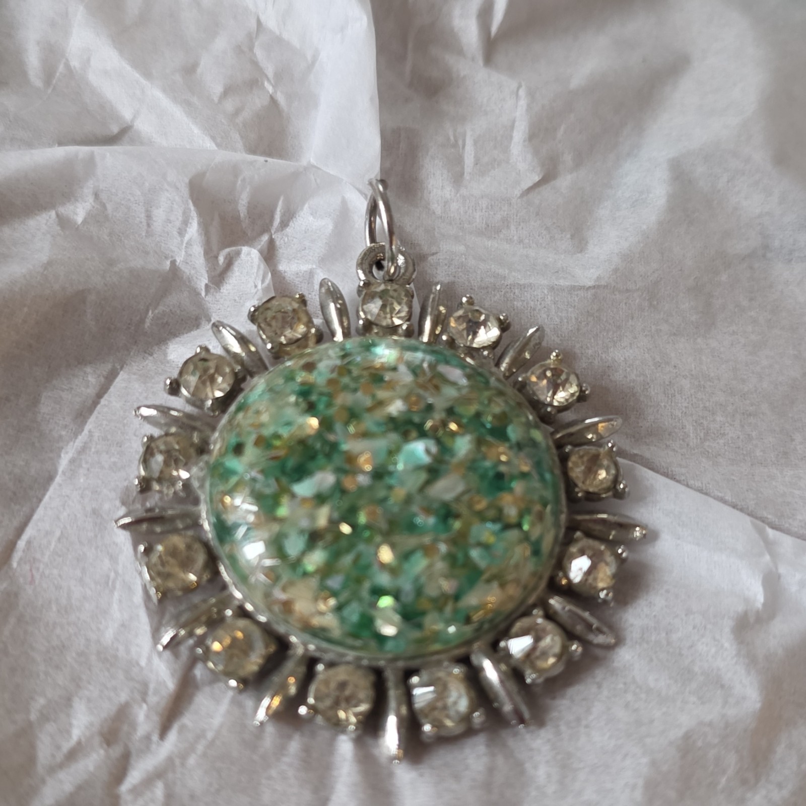 Coro Lucite Confetti Brooch Green Rhinestones Vintage Signed