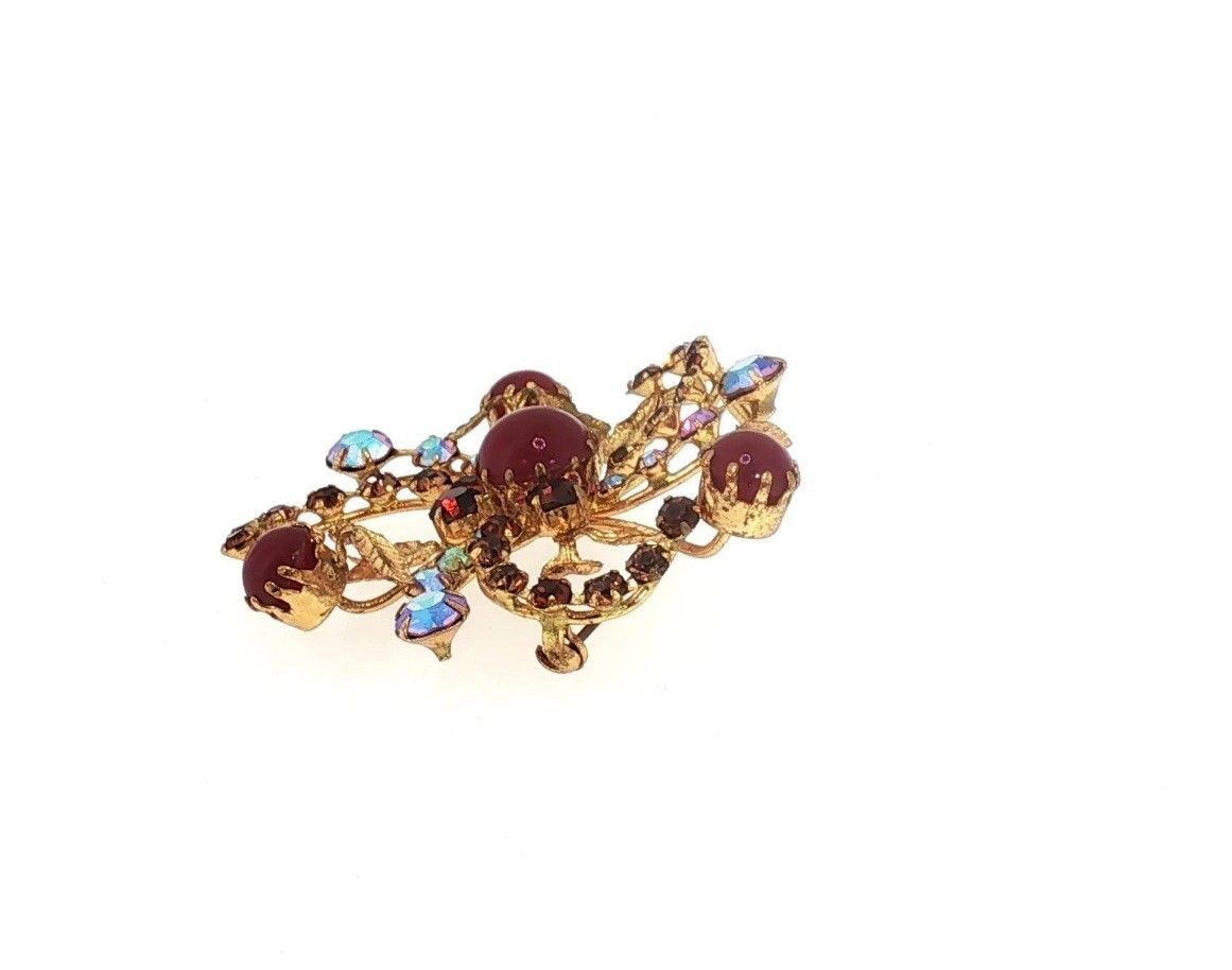 Vintage 1950s Austrian Red Cabochon Brooch — Layered Floral Spray