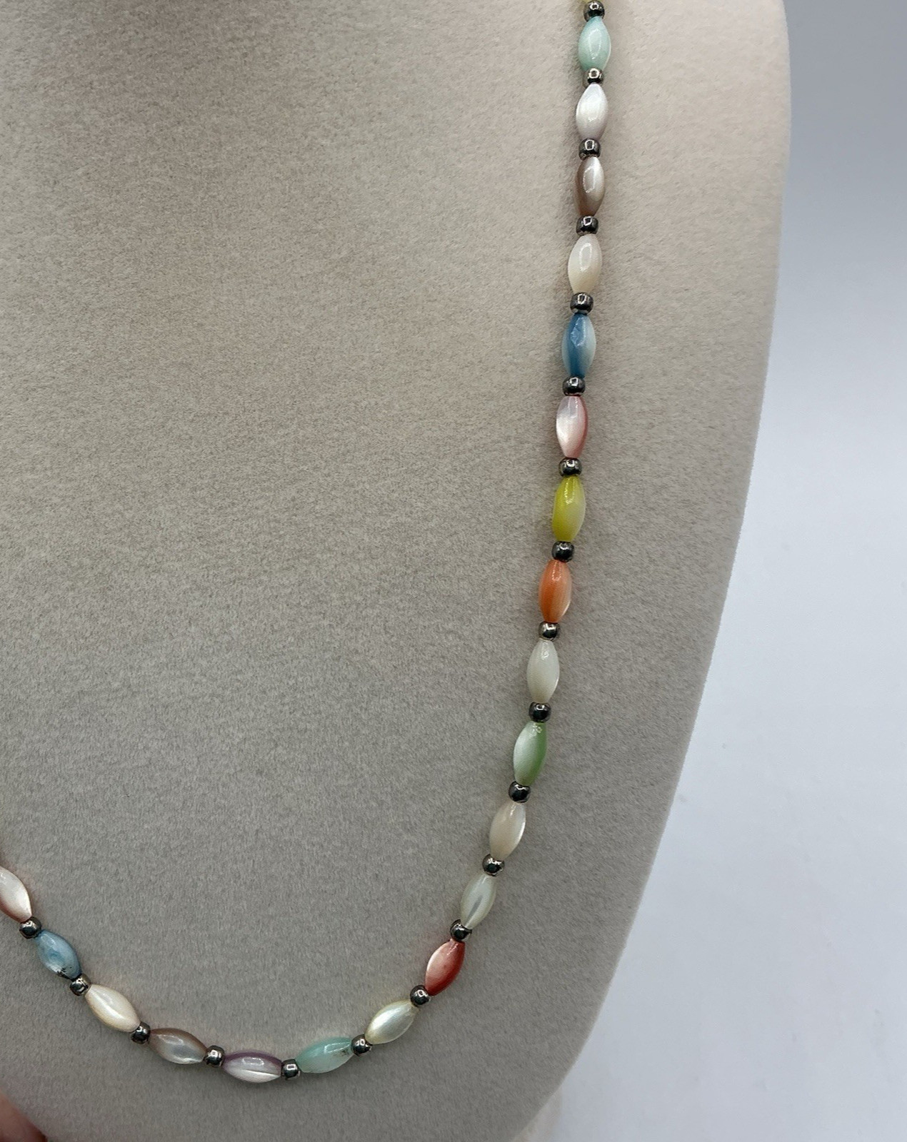 Vintage Multicolor Pastel Thin Bead 26″ Necklace Hook Clasp Blue Pink Yellow