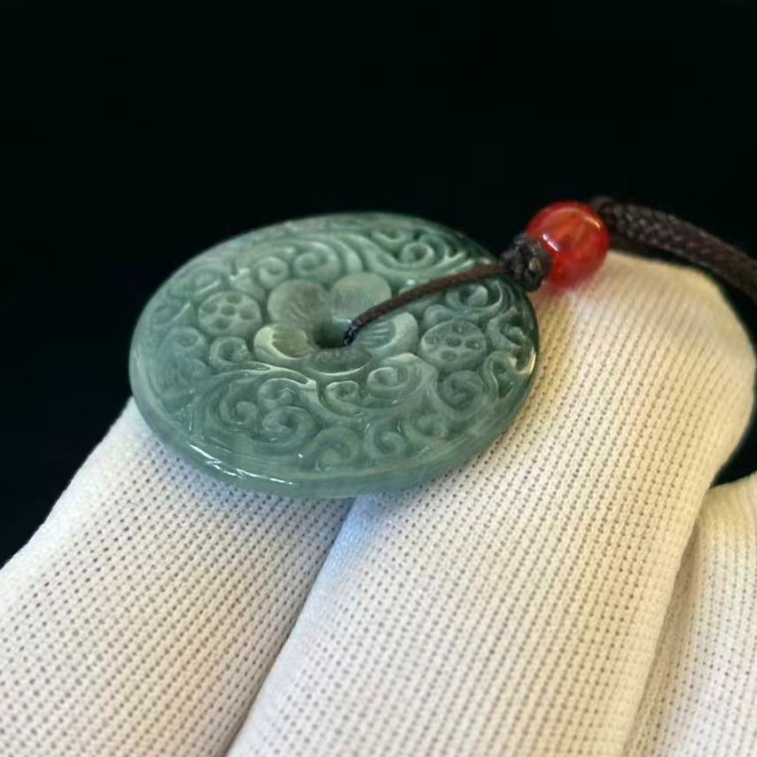 Natural Green Jade Jadeite Embossed Floral Pendant Round, Adjustable Cord