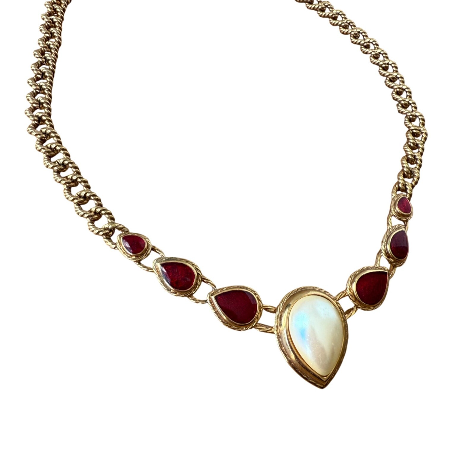 Vintage Monet Gold Tone Chain NecklaceTeardrop faux pearl and stones & Hook Clas