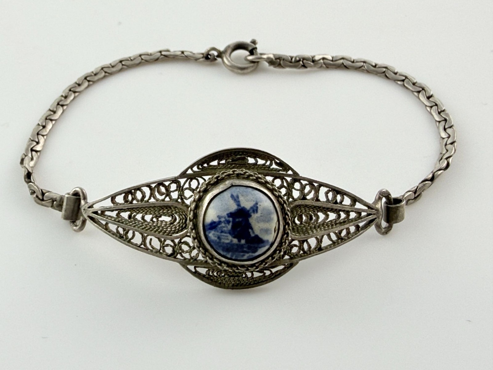 Vintage 800 Silver Filigree Blue Delft Dutch Porcelain Windmill Bracelet 7.25 In