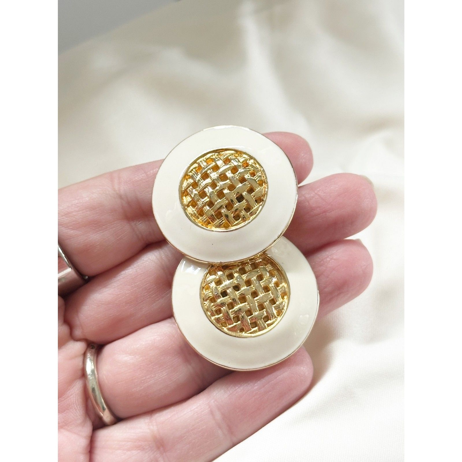 Vintage GAY BOYER signed chunky gold tone Cream enamel clip on earrings
