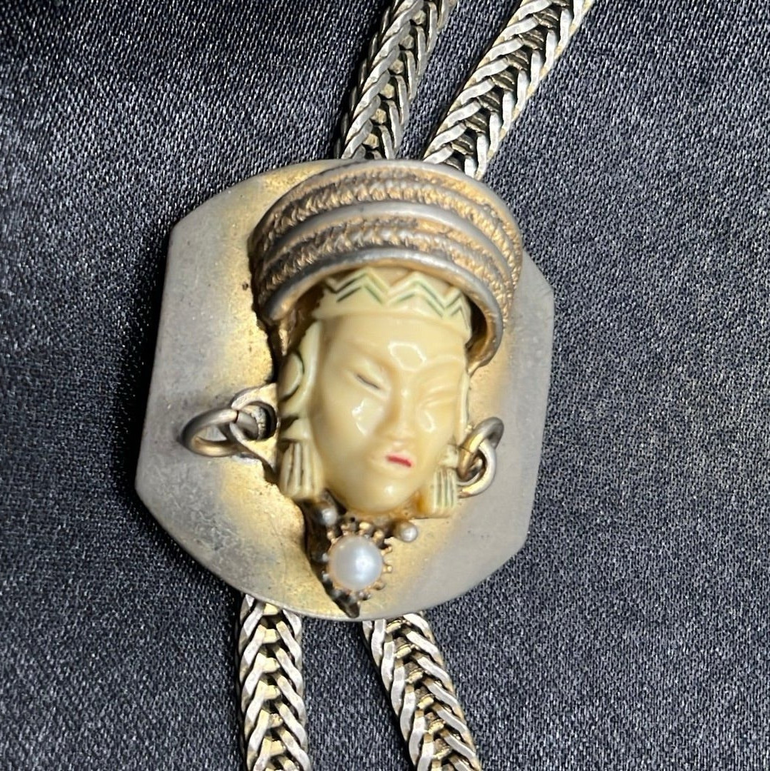 Vintage Sculpted Face Pendant Necklace & Green Stone Bracelet Set
