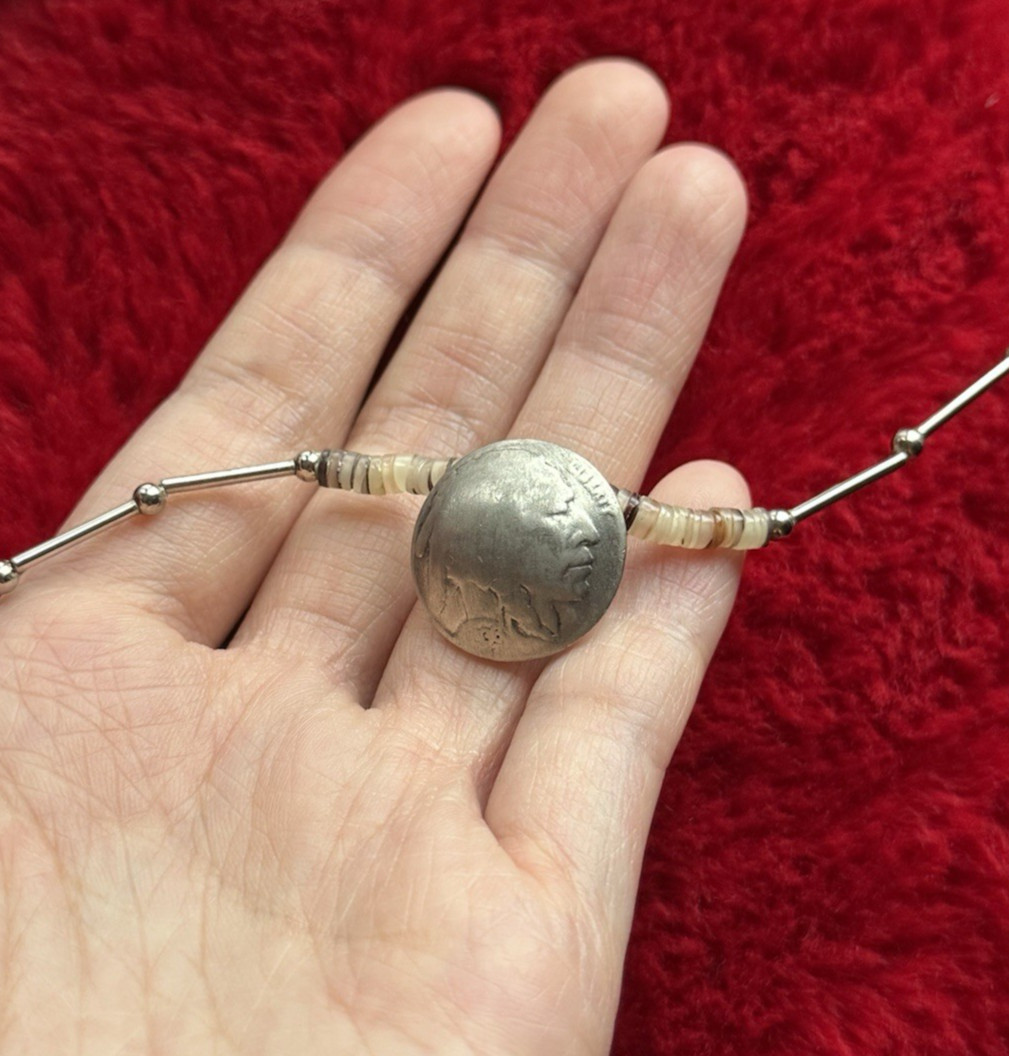 Vintage Buffalo Nickel Necklace Silver Tone Stone Accent 1936 Indian Head Coin