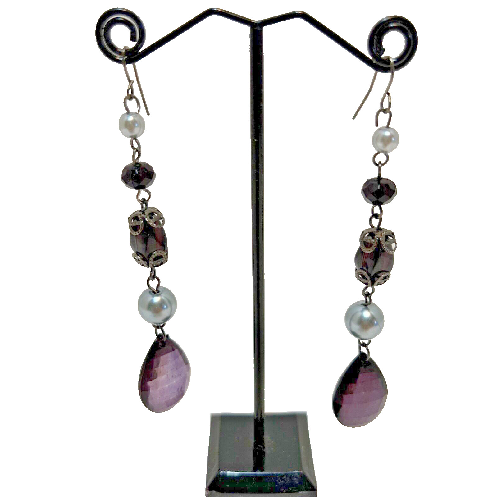 Vintage Black and Gray Beaded Dangle Drop Pierced Earrings 3.25″ Long