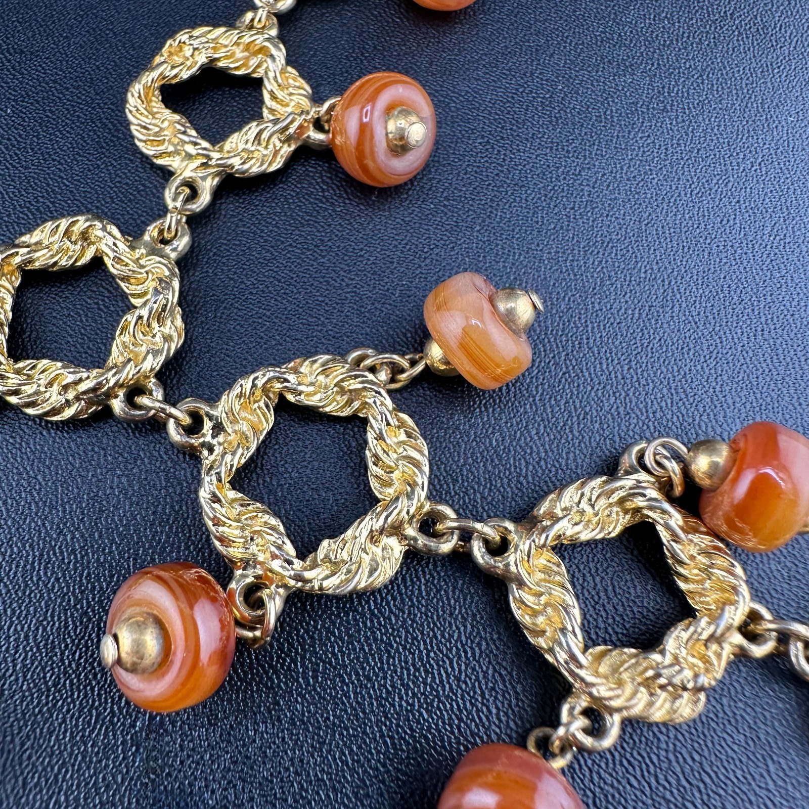 Vintage Statement Necklace Bib Fringe Hammered Gold Tone Link Agate Bead Dangles