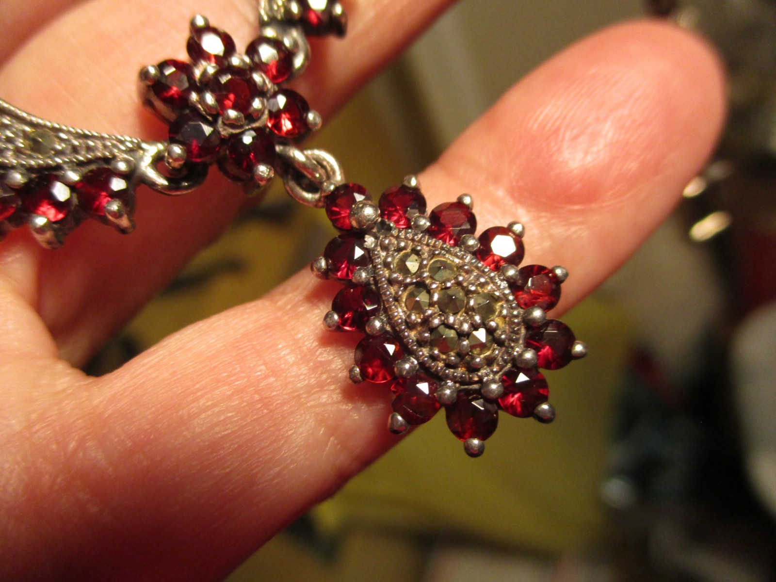 vintage GARNET necklace Sterling Silver 925 Czech 2 oz. sparkly Marcasites 17.5″