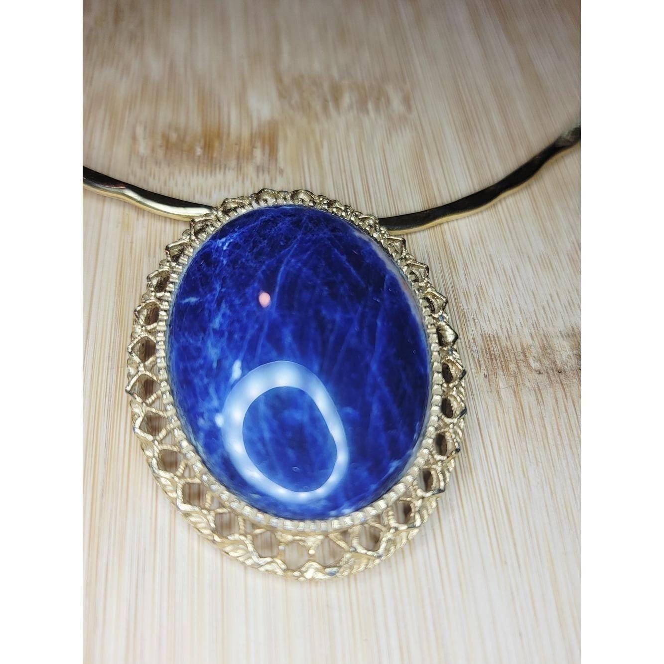 Vintage Sodalite Collar Necklace Gold Tone Statement Pendant Blue Stone Bib