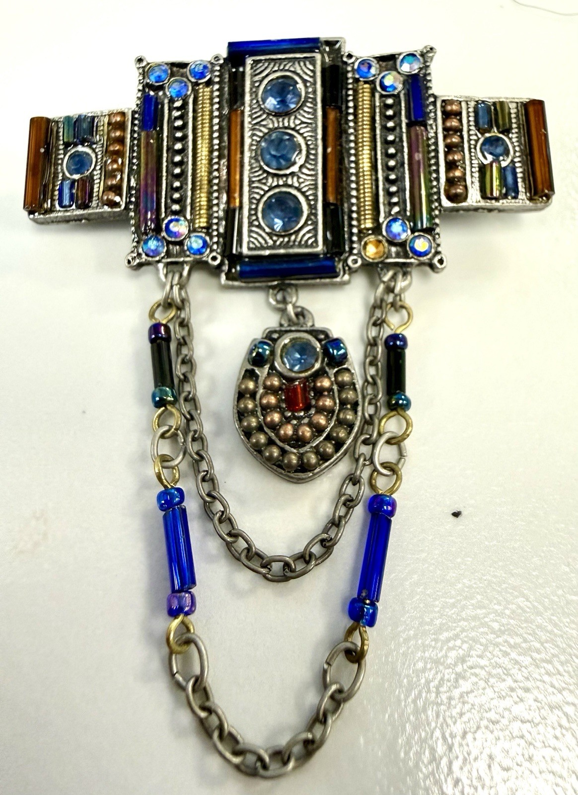 Artisan Statement Brooch Pin Blue Glass Bead Chain Dangle Egyptian Deco Revival