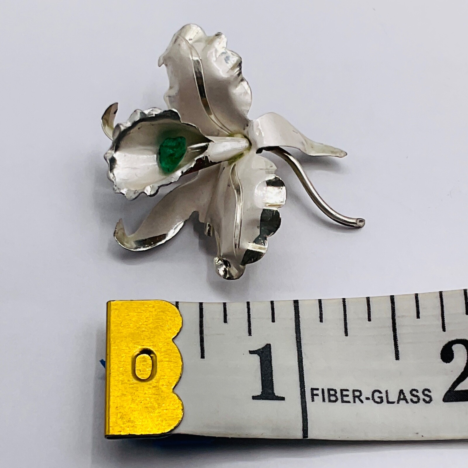 VTG Brooch Pin Orchid Flower Floral 900 Silver May Birthstone Raw Emerald Jewel