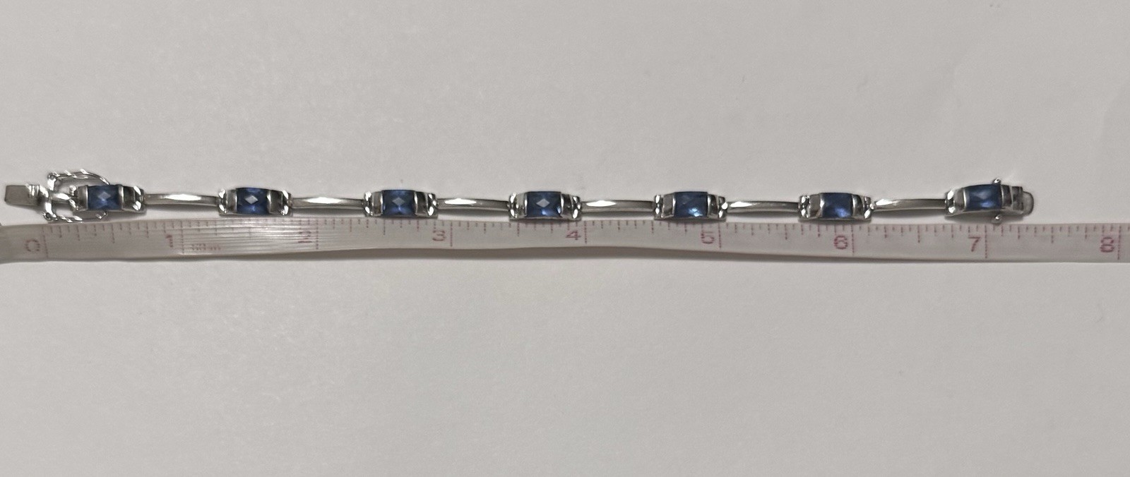 Vintage FAS Sterling Silver Blue Faceted Stone Station Bar Link Bracelet 7”, 10g