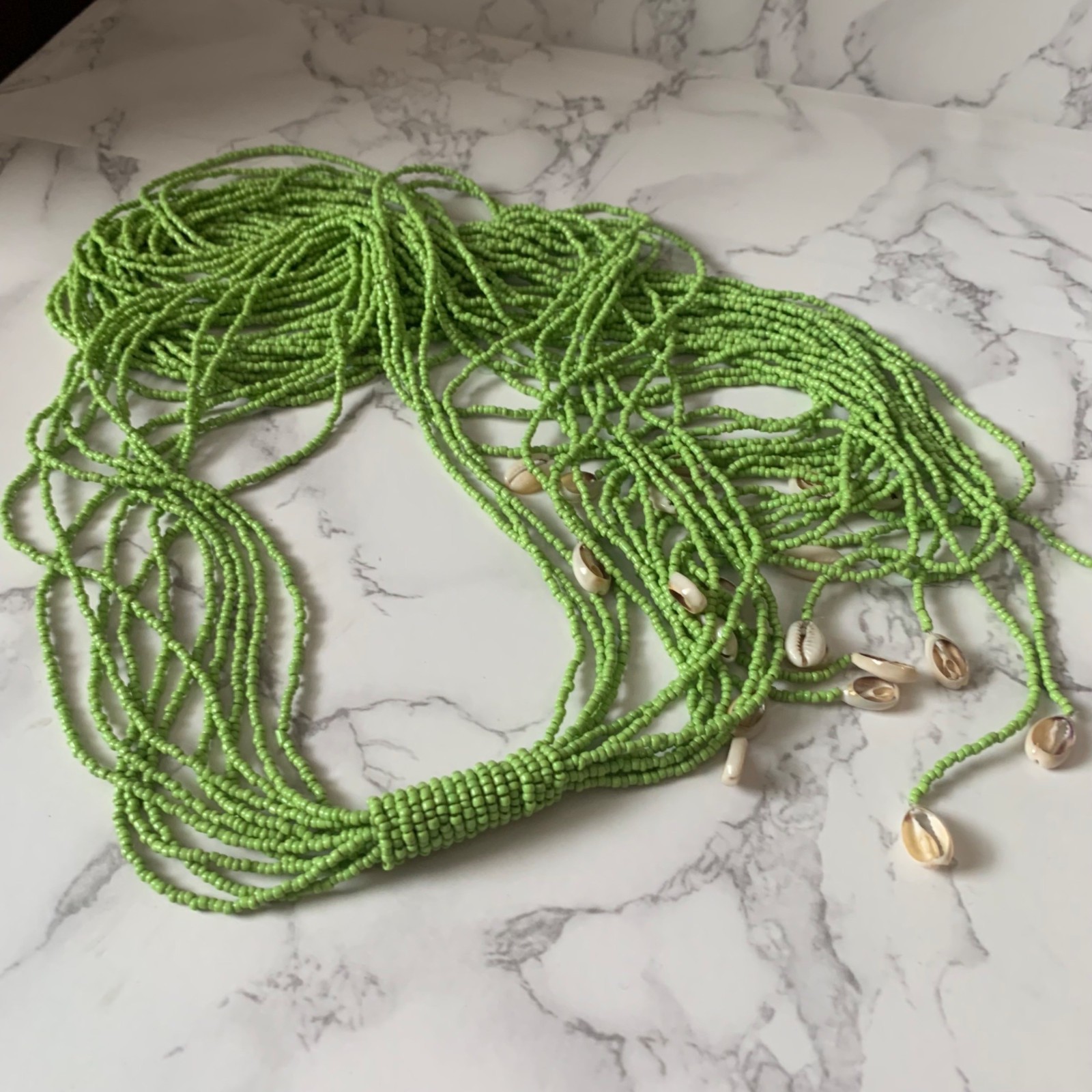 Handmade Wrap Scarf Necklace Multi-Strand Green Glass Beaded Shell Beach 60″ Vtg