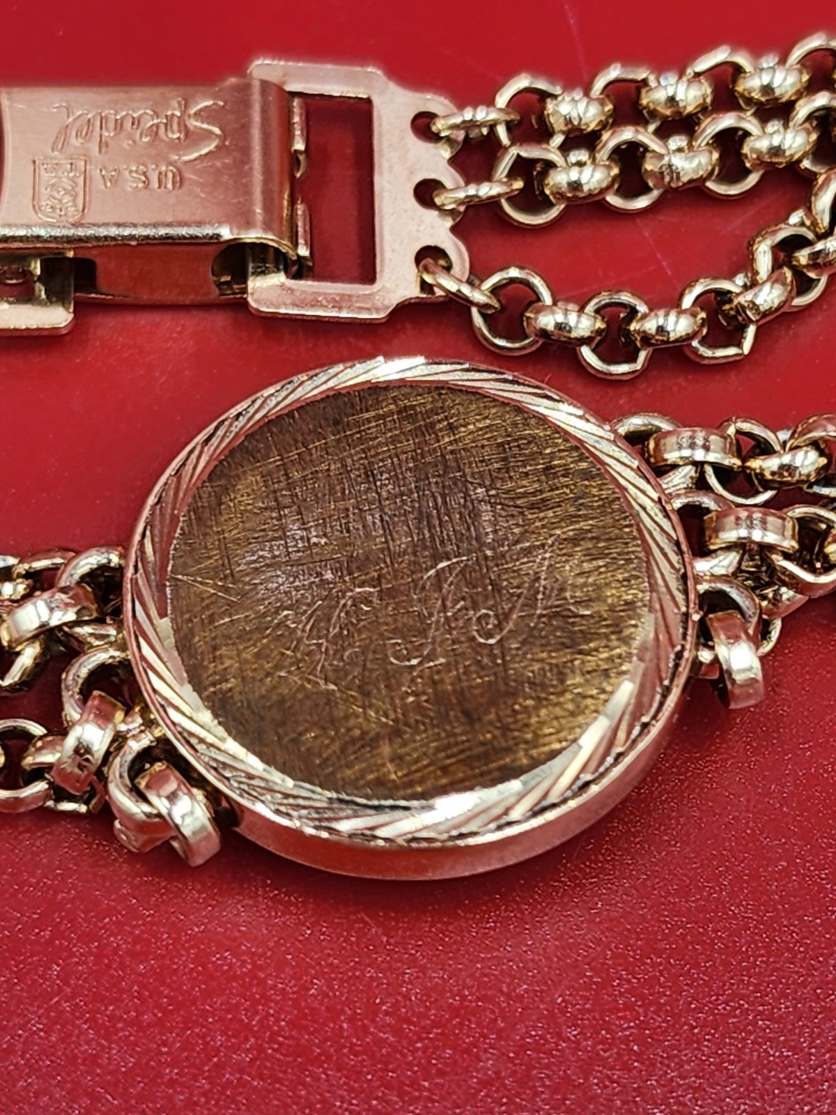 Vintage Speidel 1970s Engrave ID- style Plate Triple Band Gold Metal Bracelet