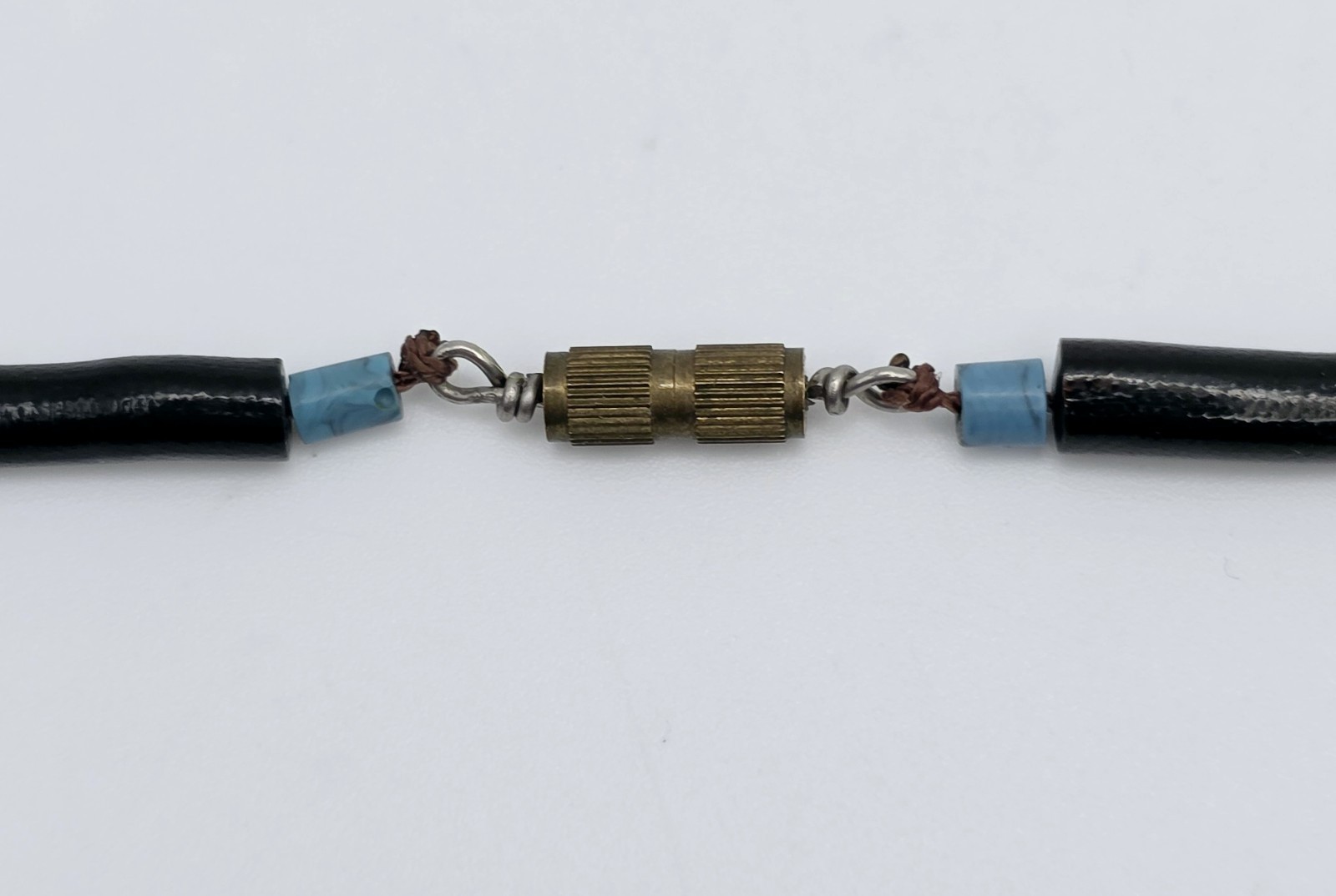 Vintage Black Coral Tube Bead Necklace 17.5″ Blue Glass Spacers Brass Clasp