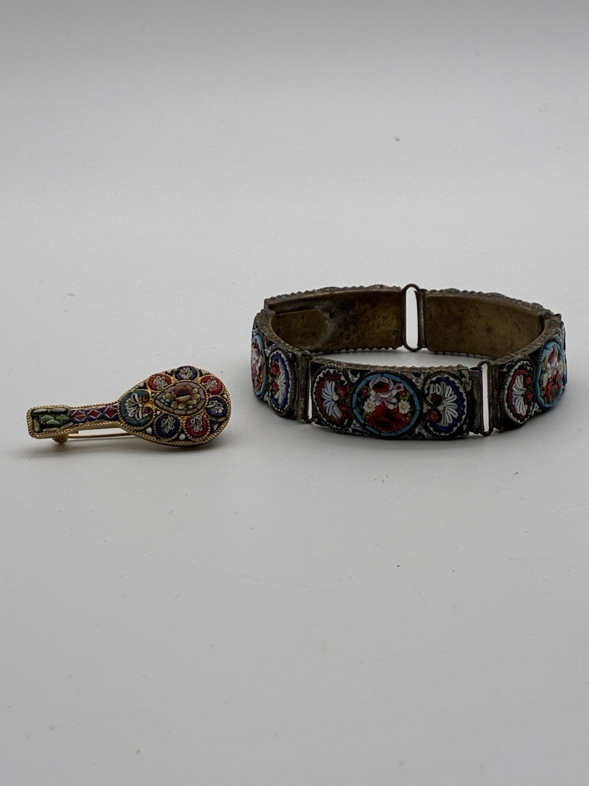 Vintage Micro Mosaic Wildflower Italian Brass Panel Bracelet 8” & Pin Read Desc.