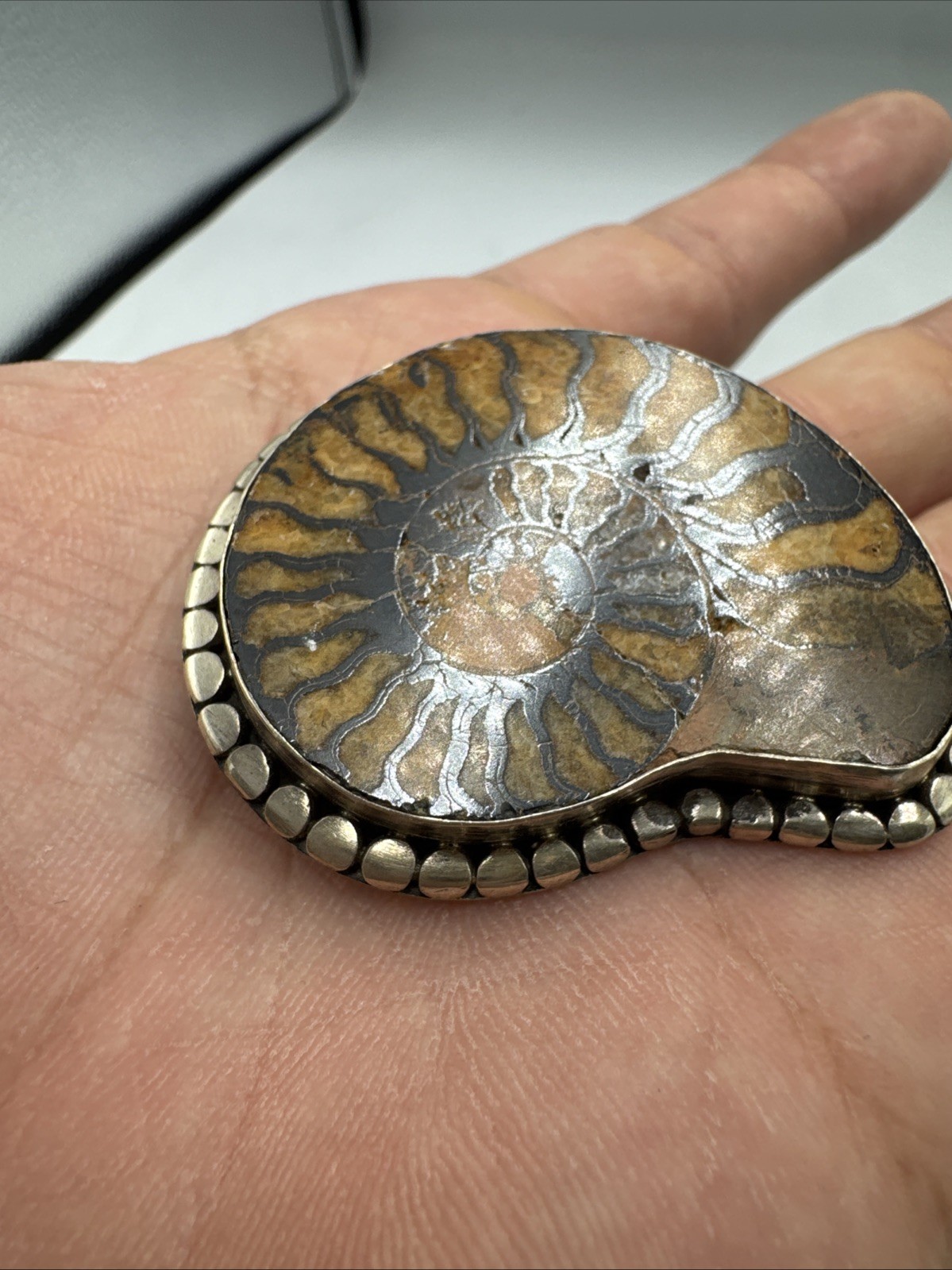 Vintage Sterling Silver Ammonite Fossil Brooch 20g Almost 2”