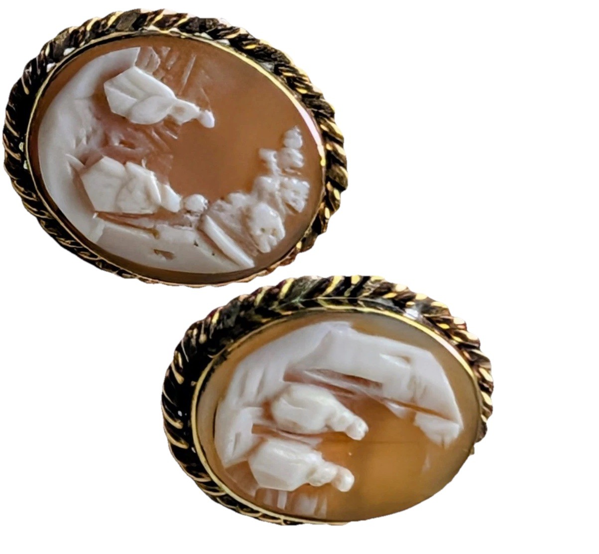 VTG GF Cameo Earrings Rebecca at the Well Rare Hand Carved 12k .75″ Each