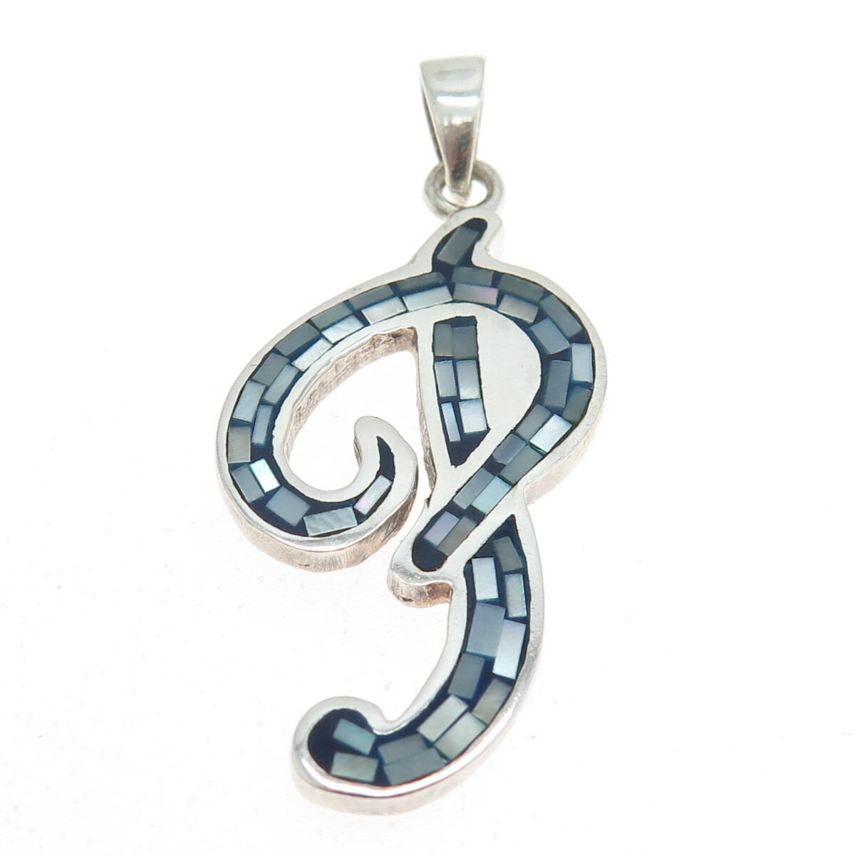 925 Sterling Silver Vintage Real MOP Inlay Letter “P” Initial Pendant
