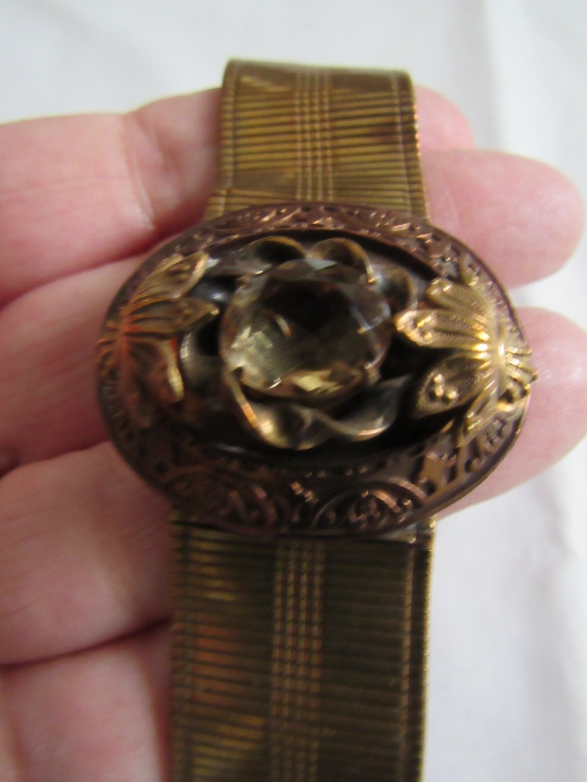 Brass Mesh Vintage Bracelet with Center Stone Medallion & Safety Chain Clasp