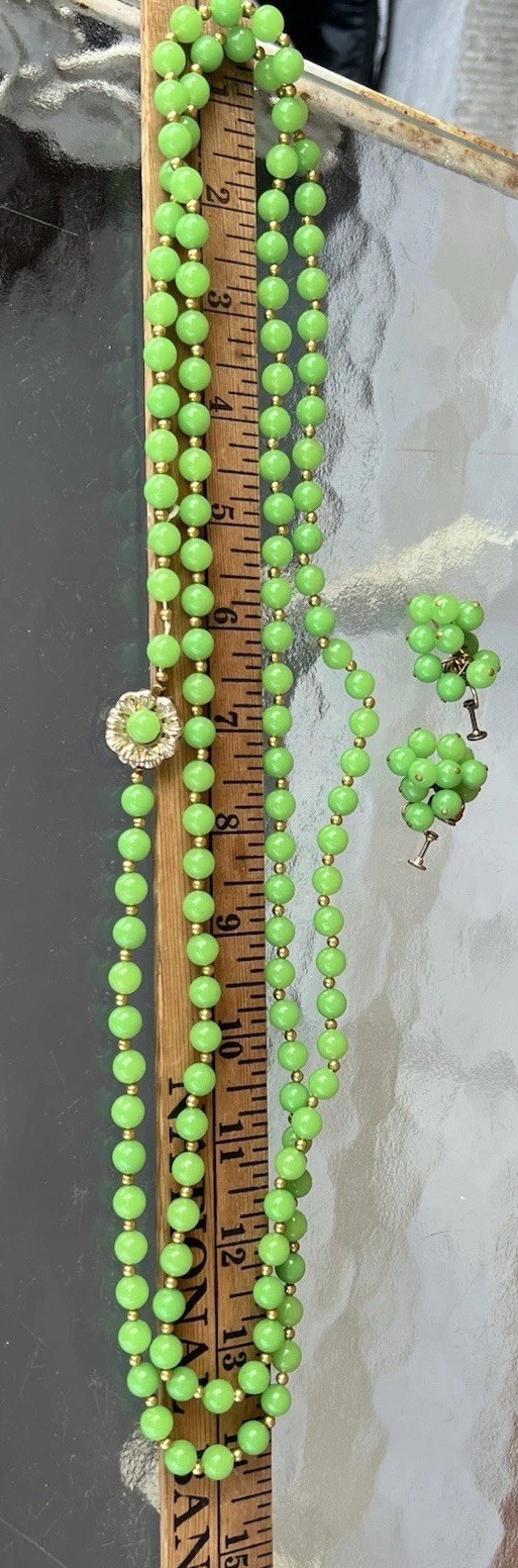 MCM Lime Green & Gold Bead Necklace with Matching Clip On Earrings Vintage Set