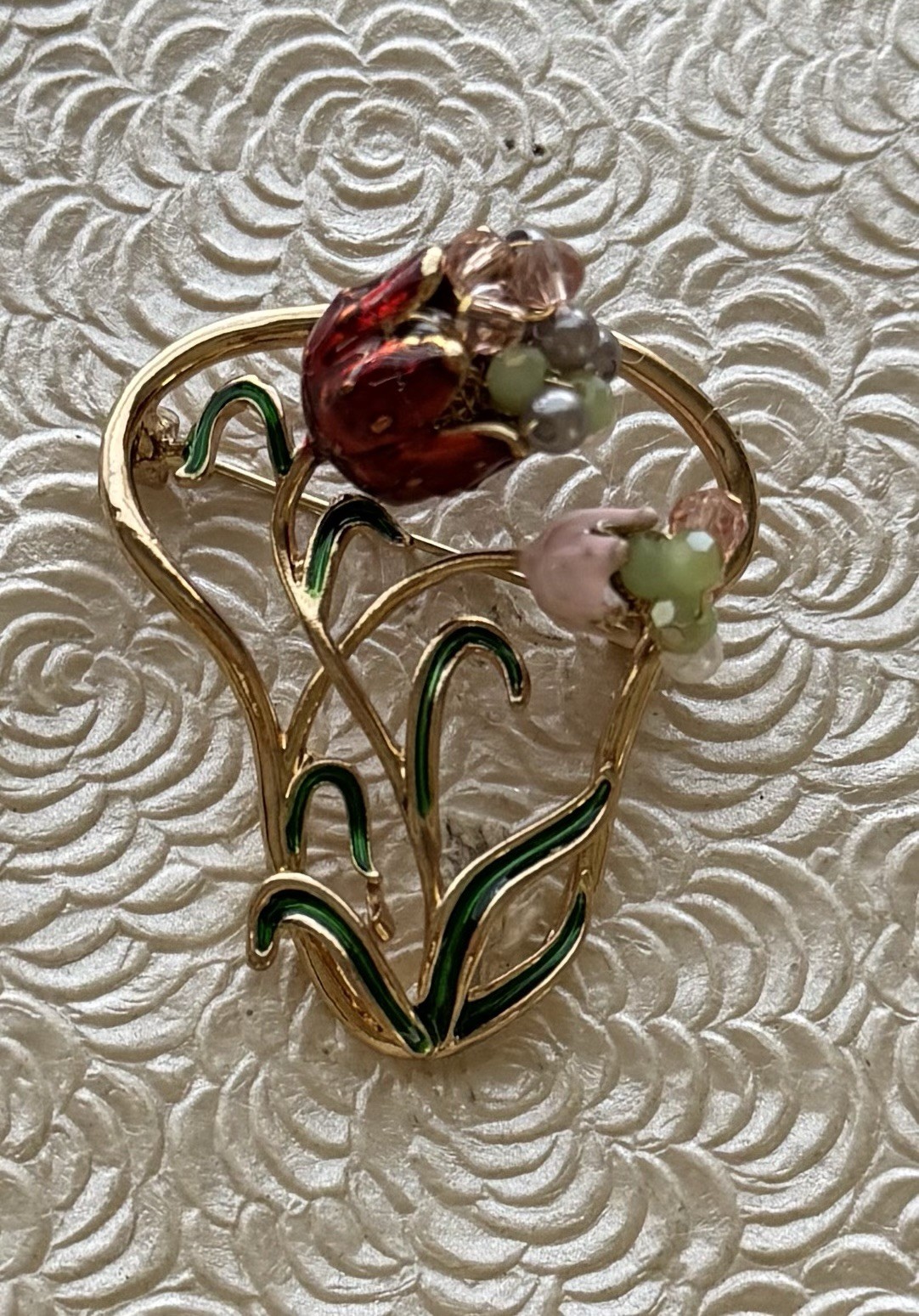 Flower brooch Enamel On gold tone metal w/ beads