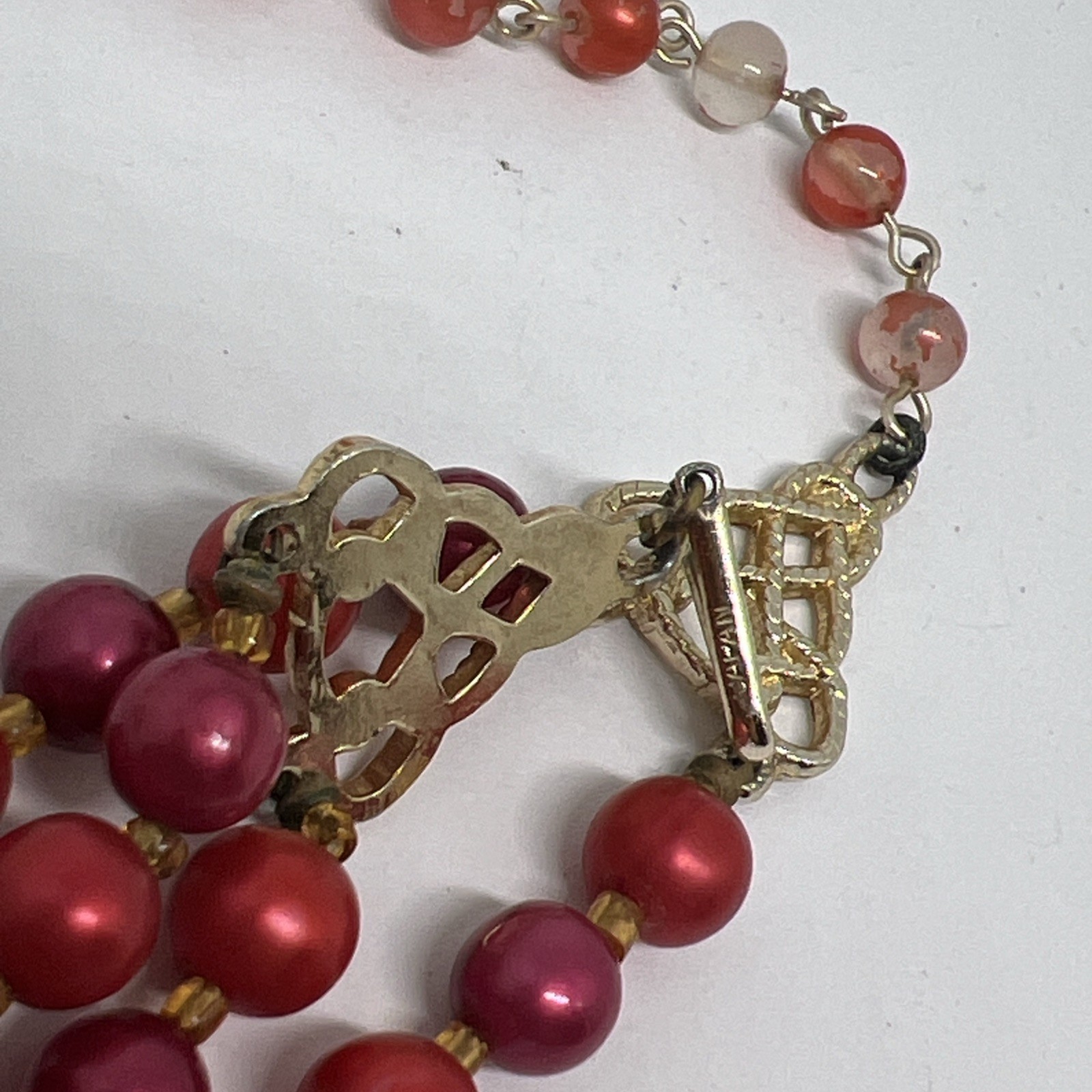 Vintage Red Faux Pearl Faced Lucite 15”-17” Necklace Marked Japan