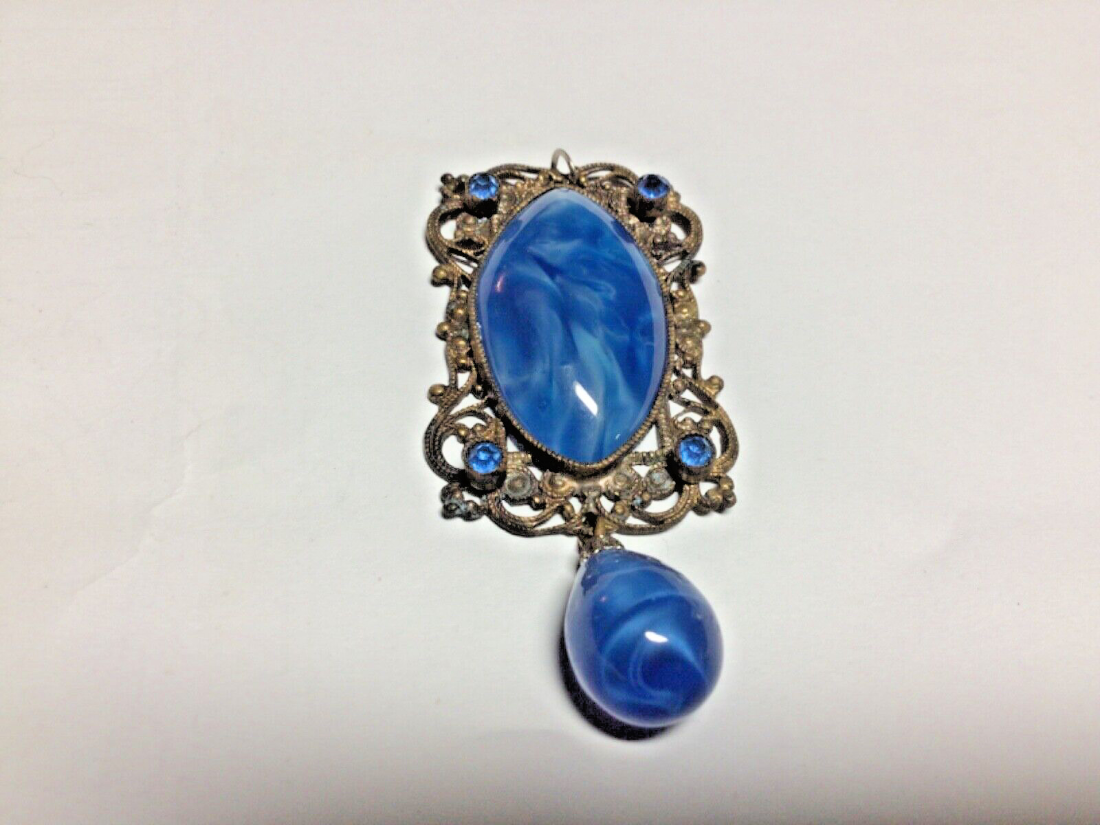 Antique Jewelry, Blue Dragon Agate Stone Set in Metal Scroll